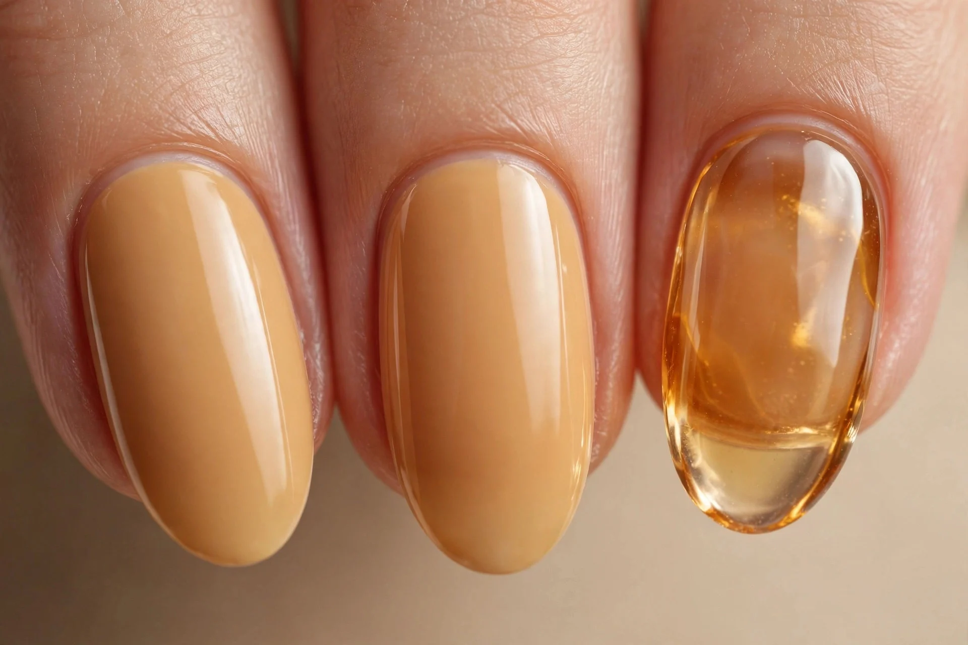 Almond nails, nine in soft honey and one accent in translucent amber jelly, glossy, beige background