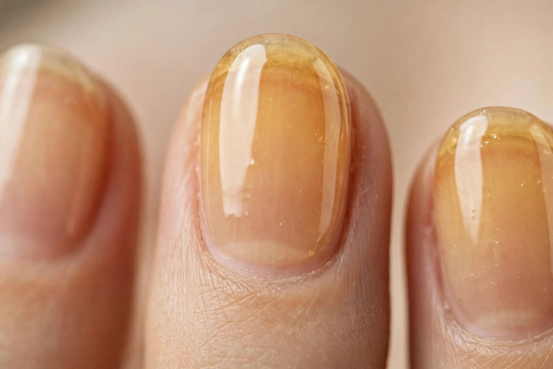 Oval nails with sheer honey jelly wash over natural nail, golden tint, glossy, beige background