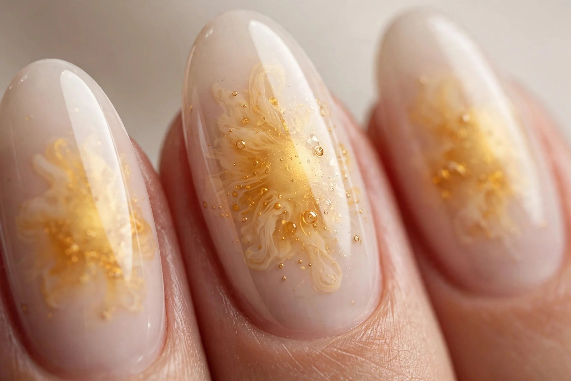 Almond nails with milky nude base and golden honey aura bloomed at center, glossy, neutral background