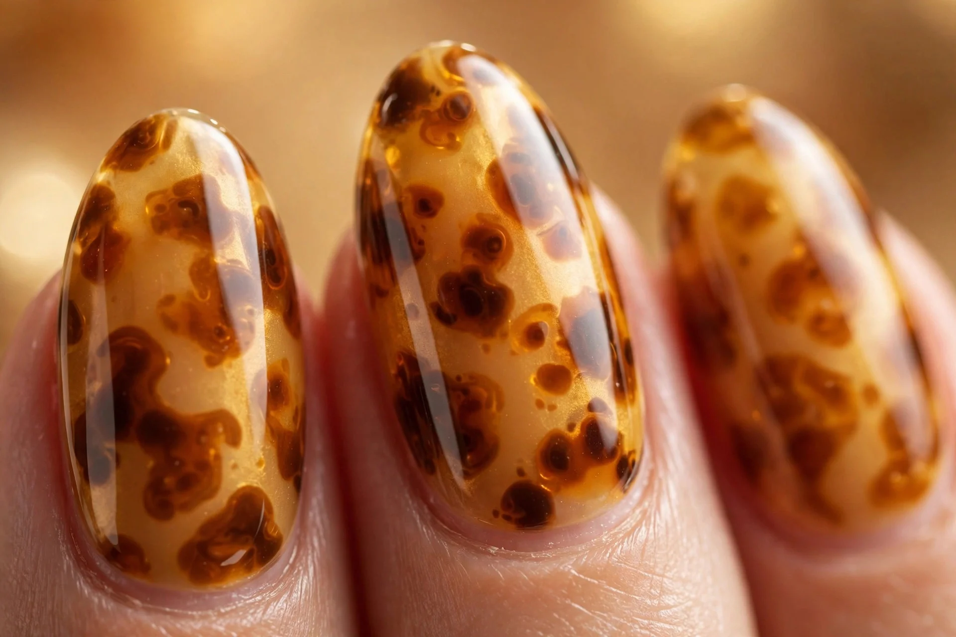 Almond nails with honey-toned tortoise pattern, golden base with caramel patches, glossy, warm background