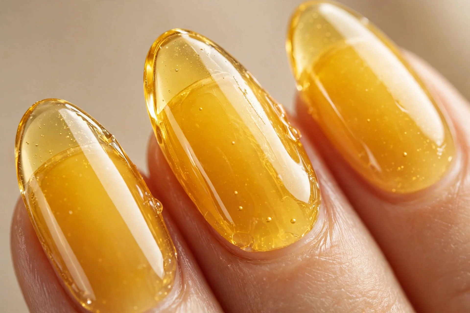 Almond nails in bright golden honey creme, clear glowing yellow, glossy, beige background