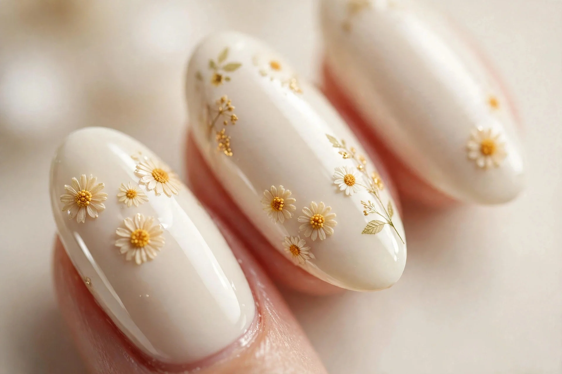 Almond nails with tiny honey-gold daisies over bright cream base, delicate florals, glossy, cream background