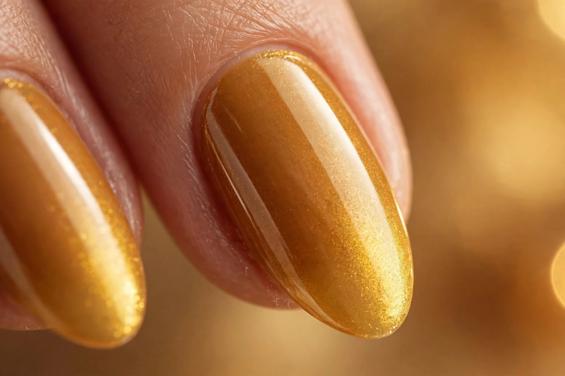 Almond nails with golden gradient from honey cuticle to brighter golden tip, glossy, warm background
