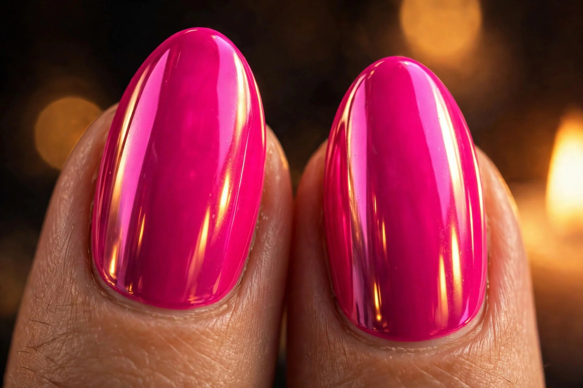 Extreme macro of two almond fingernails in vivid hot pink chrome, high-shine reflective finish, warm candlelit glow