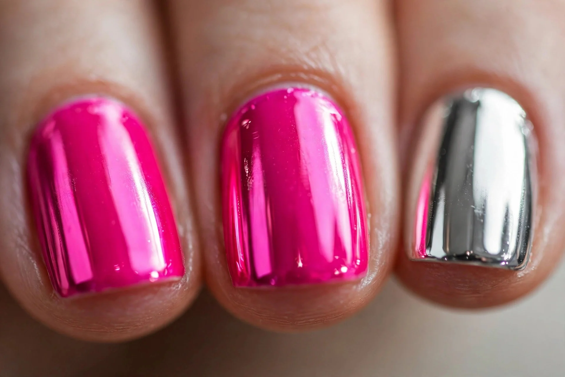 Extreme macro of three fingernails, two in hot pink chrome and one accent in silver chrome, glossy finish
