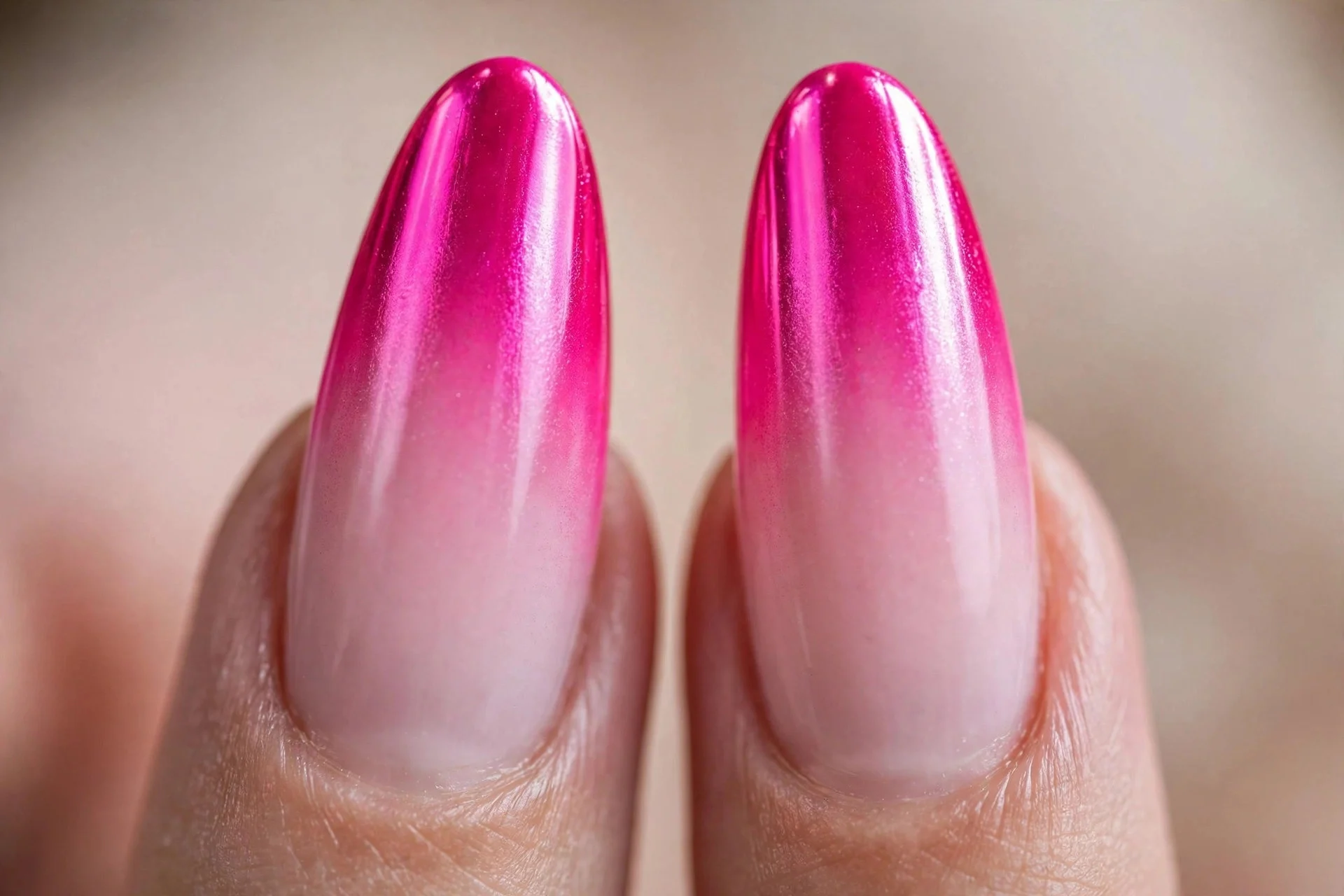 Extreme macro of two long fingernails with hot pink chrome ombré fading vivid at tip to soft near cuticle