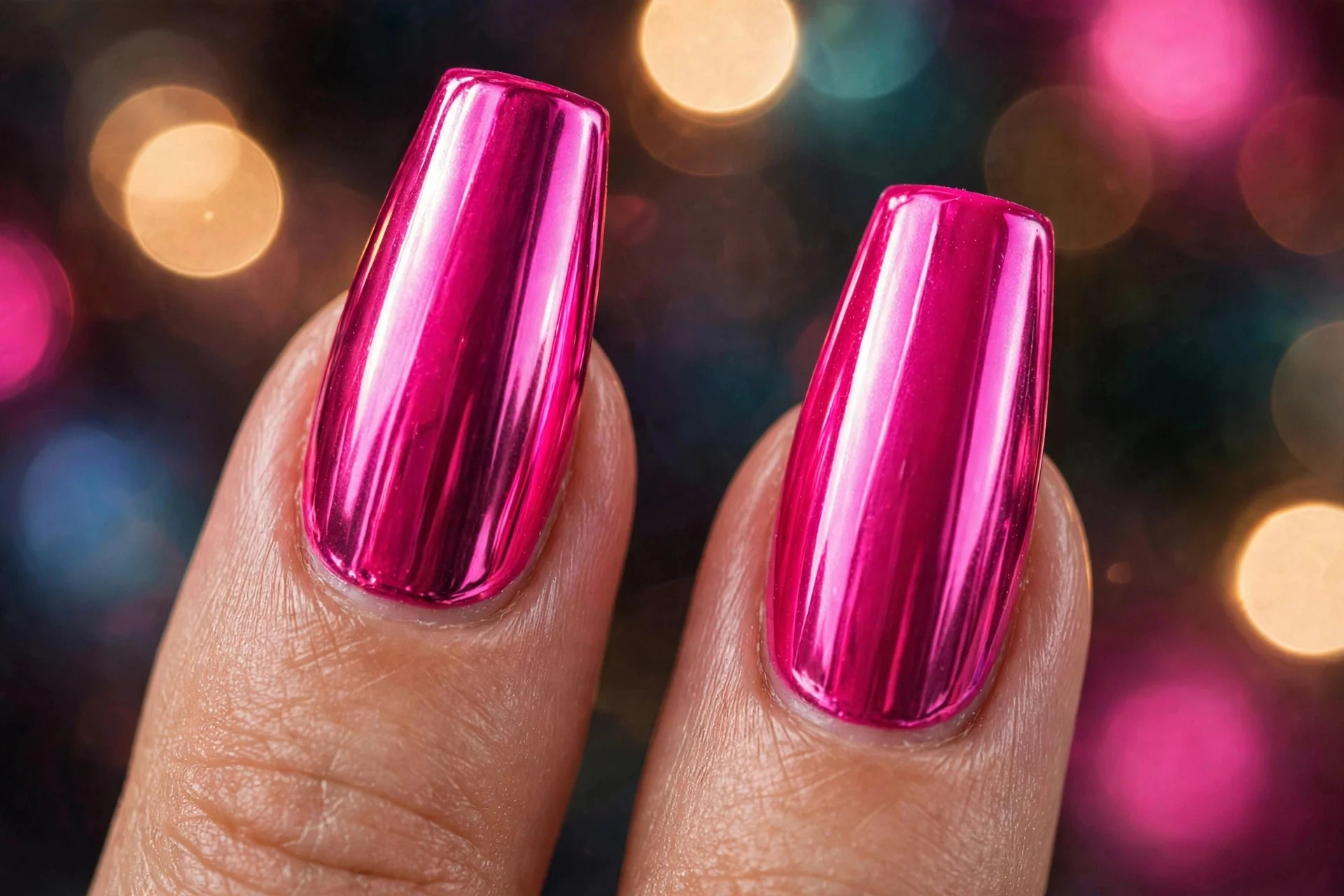 Extreme macro of two long coffin fingernails in vivid hot pink chrome, dramatic mirror shine, party lighting