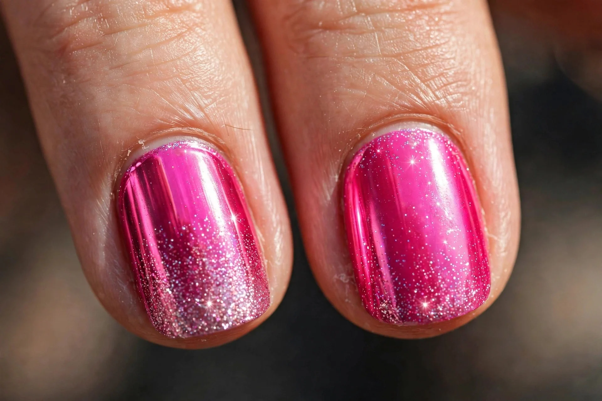 Extreme macro of two fingernails in hot pink chrome with fine glitter fading from the tips, sparkling party finish