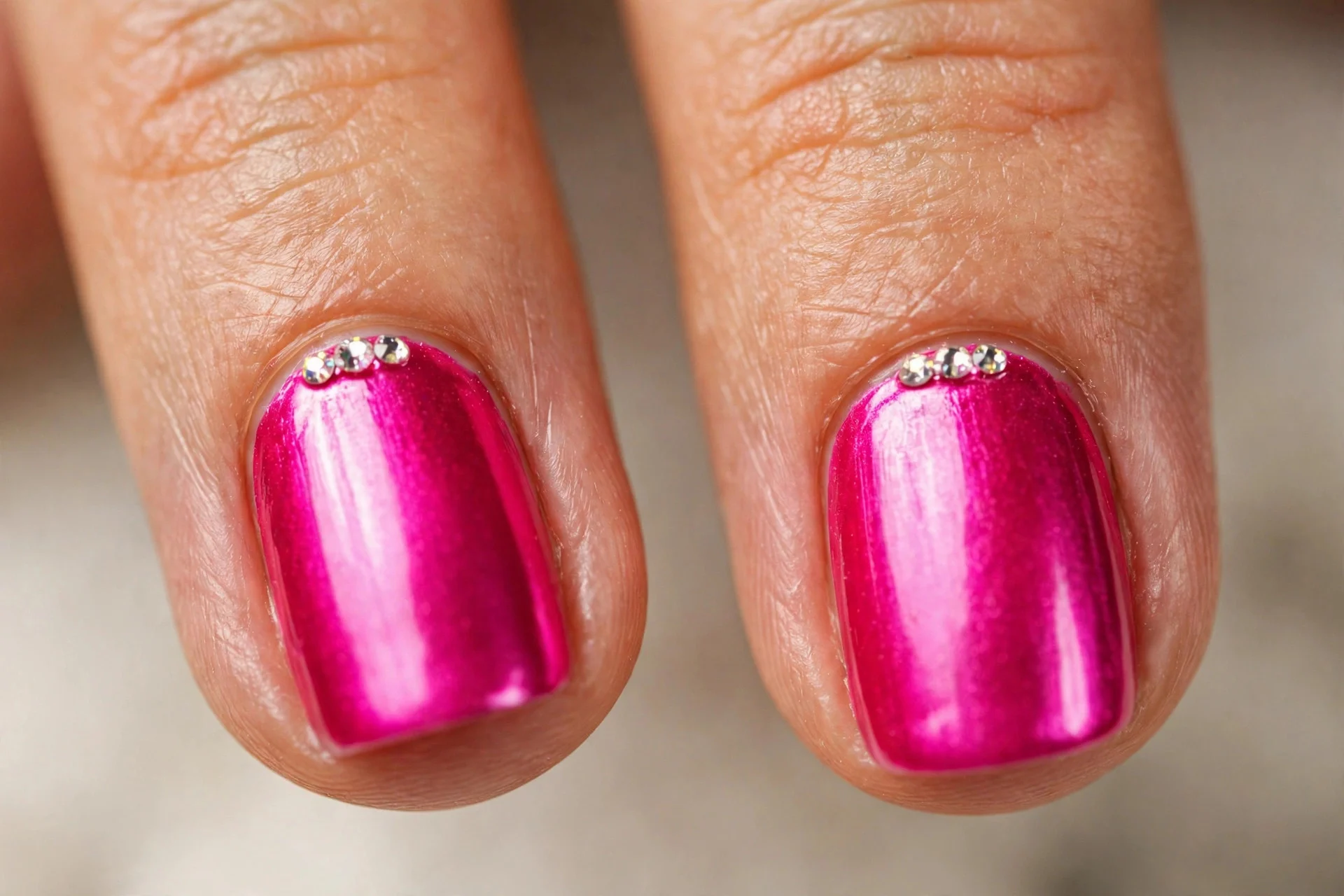 Extreme macro of two fingernails in hot pink chrome with tiny rhinestones at each cuticle, glamorous detail
