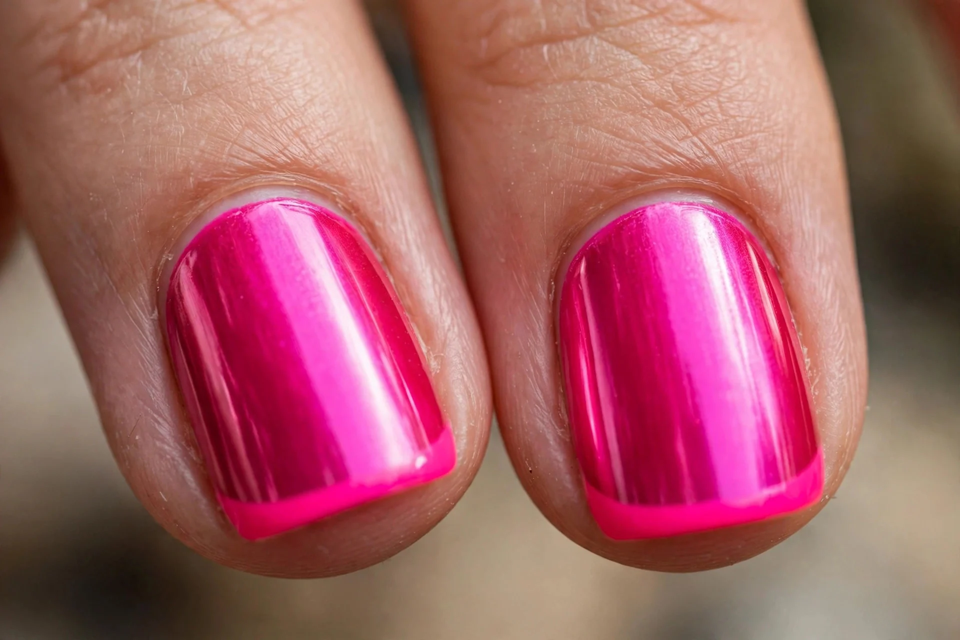 Extreme macro of two fingernails in hot pink chrome with a bright neon pink edge along each tip, bold finish