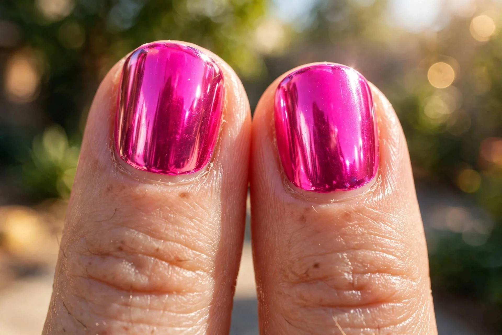 Extreme macro of two short fingernails in vivid hot pink chrome with extra glossy top coat, bright sunny lighting