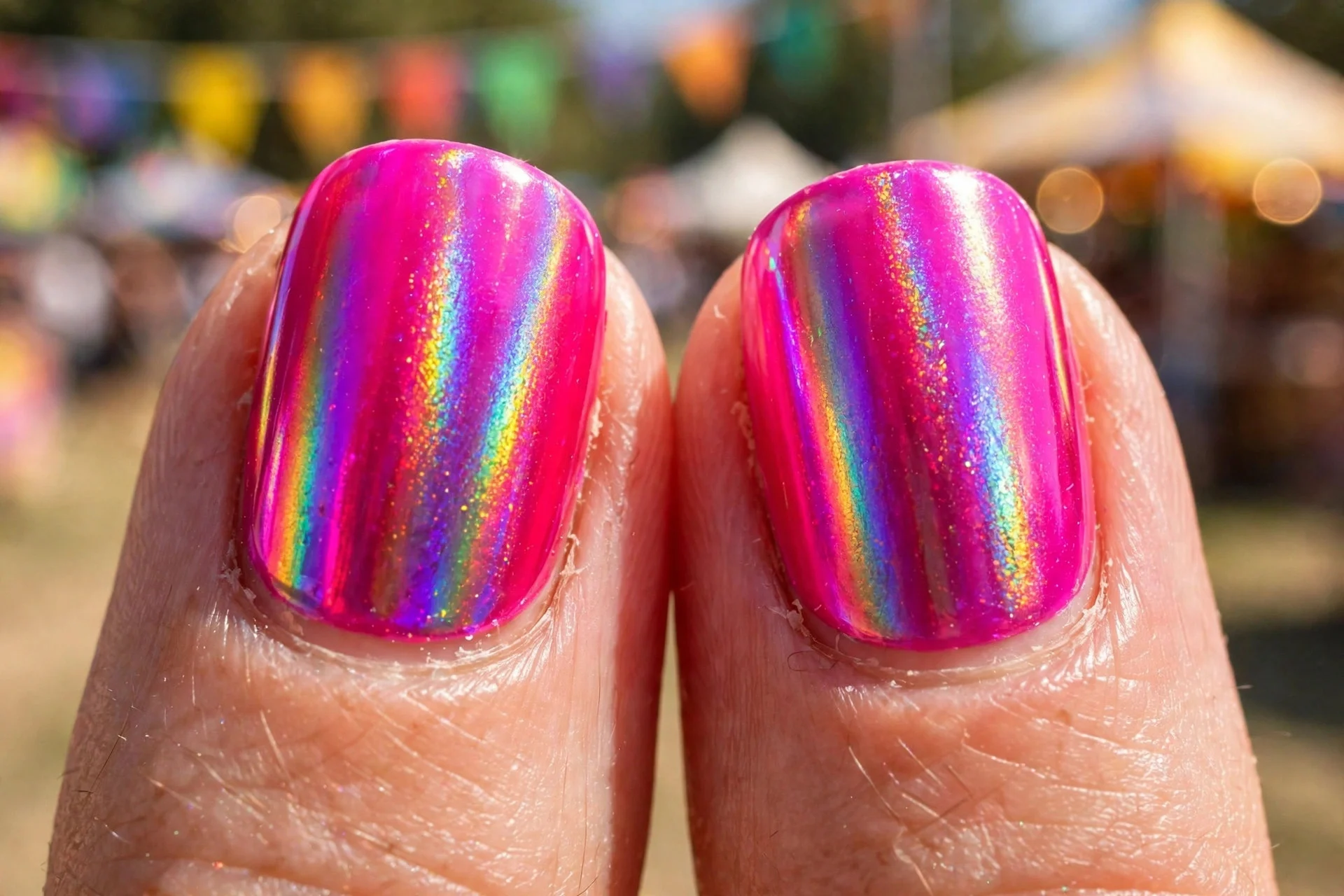 Extreme macro of two fingernails in hot pink chrome with holographic rainbow shifts, bright festival daylight