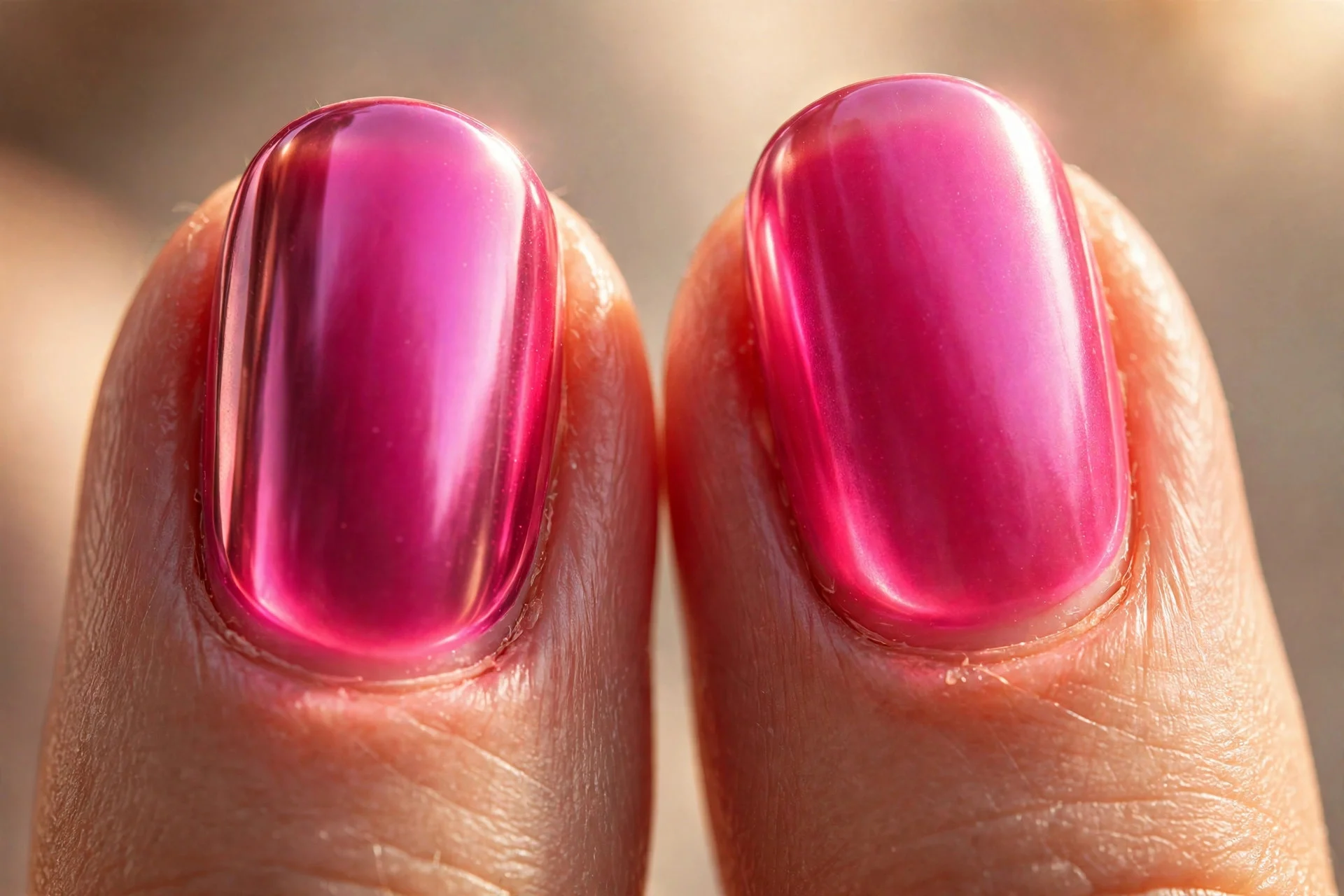 Extreme macro of two fingernails with a deeper pink aura glowing through hot pink chrome, warm radiant finish