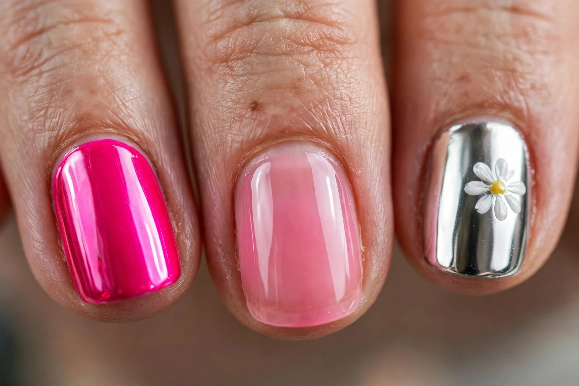 Extreme macro of three fingernails alternating hot pink chrome, sheer pink jelly, and chrome with a white daisy accent