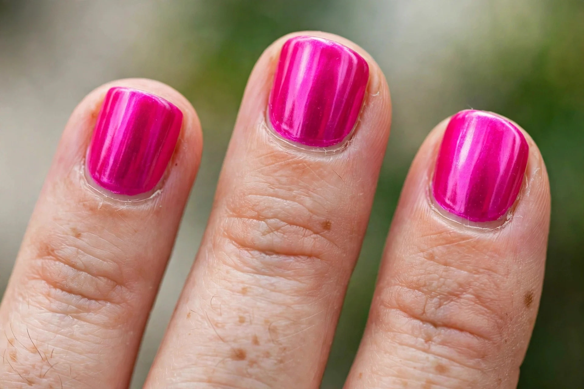 Extreme macro of three short squoval fingernails in hot pink chrome, neat everyday finish, soft daylight