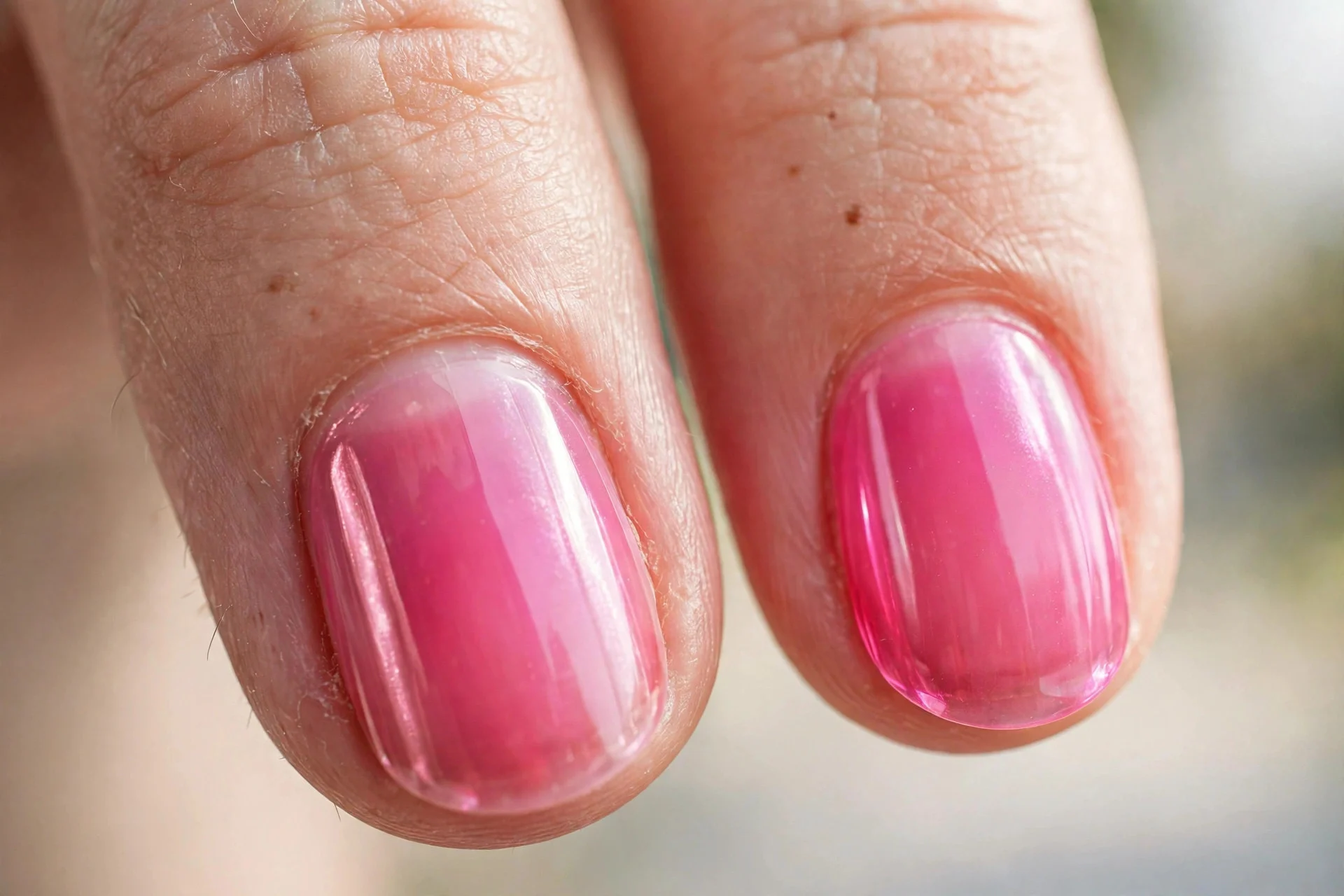 Extreme macro of two fingernails in sheer hot pink chrome wash, juicy translucent tint, soft daylight