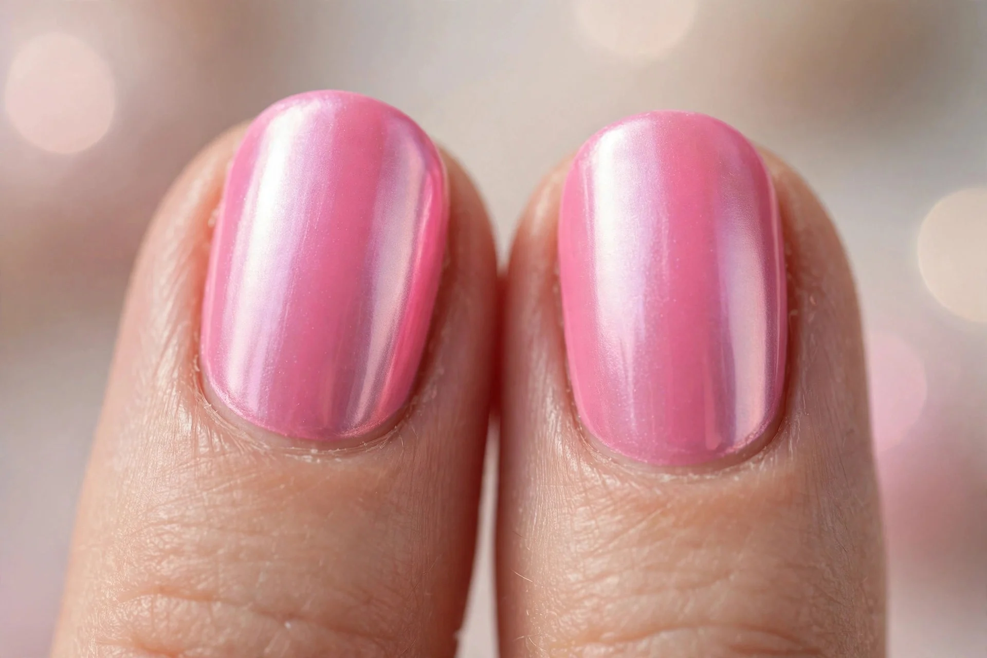 Extreme macro of two fingernails in milky hot pink chrome, creamy dreamy finish, soft diffused light
