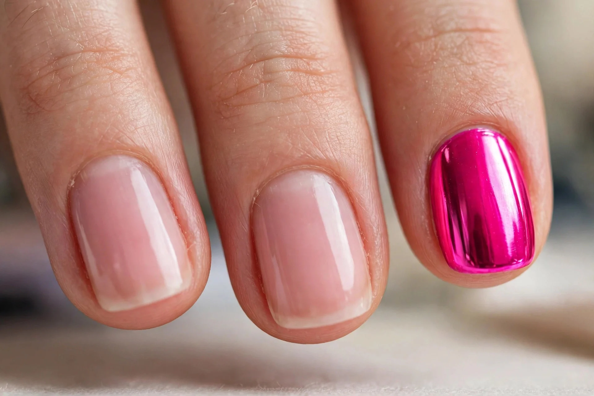 Extreme macro of three fingernails, two in sheer pink and one accent in vivid hot pink chrome, subtle office look
