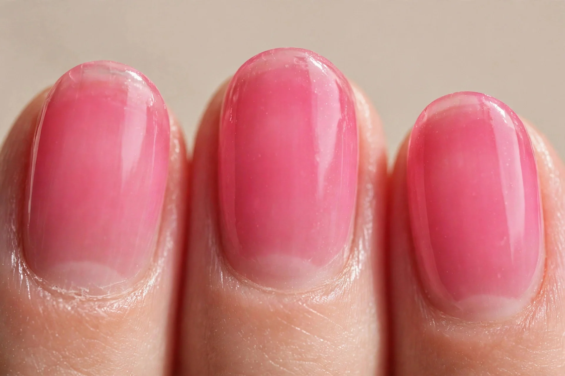 short oval nails, sheer hot pink jelly, glossy