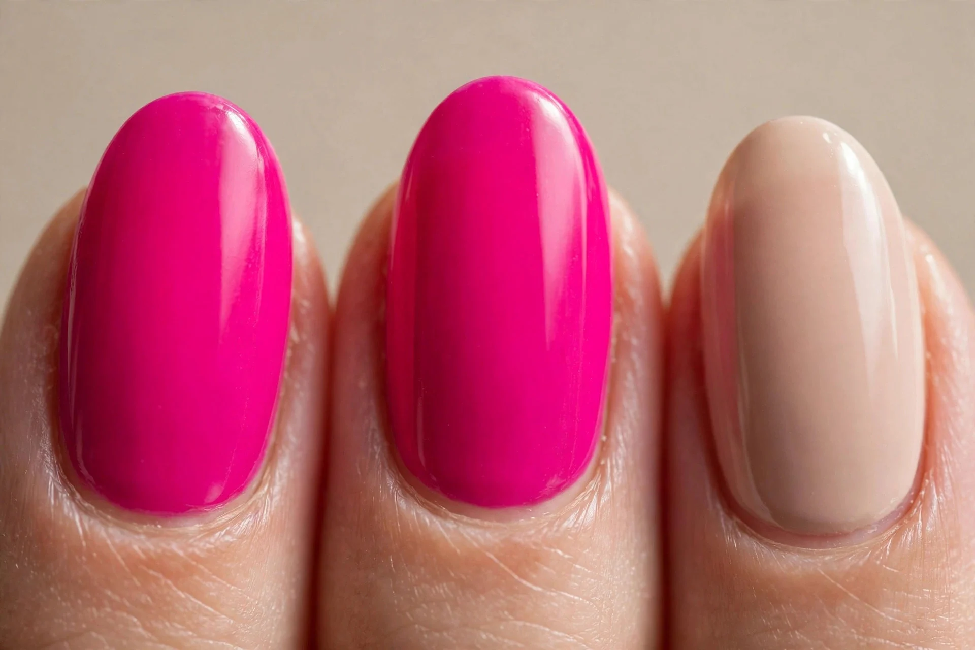 almond nails, fuchsia pink with nude accent nail, glossy