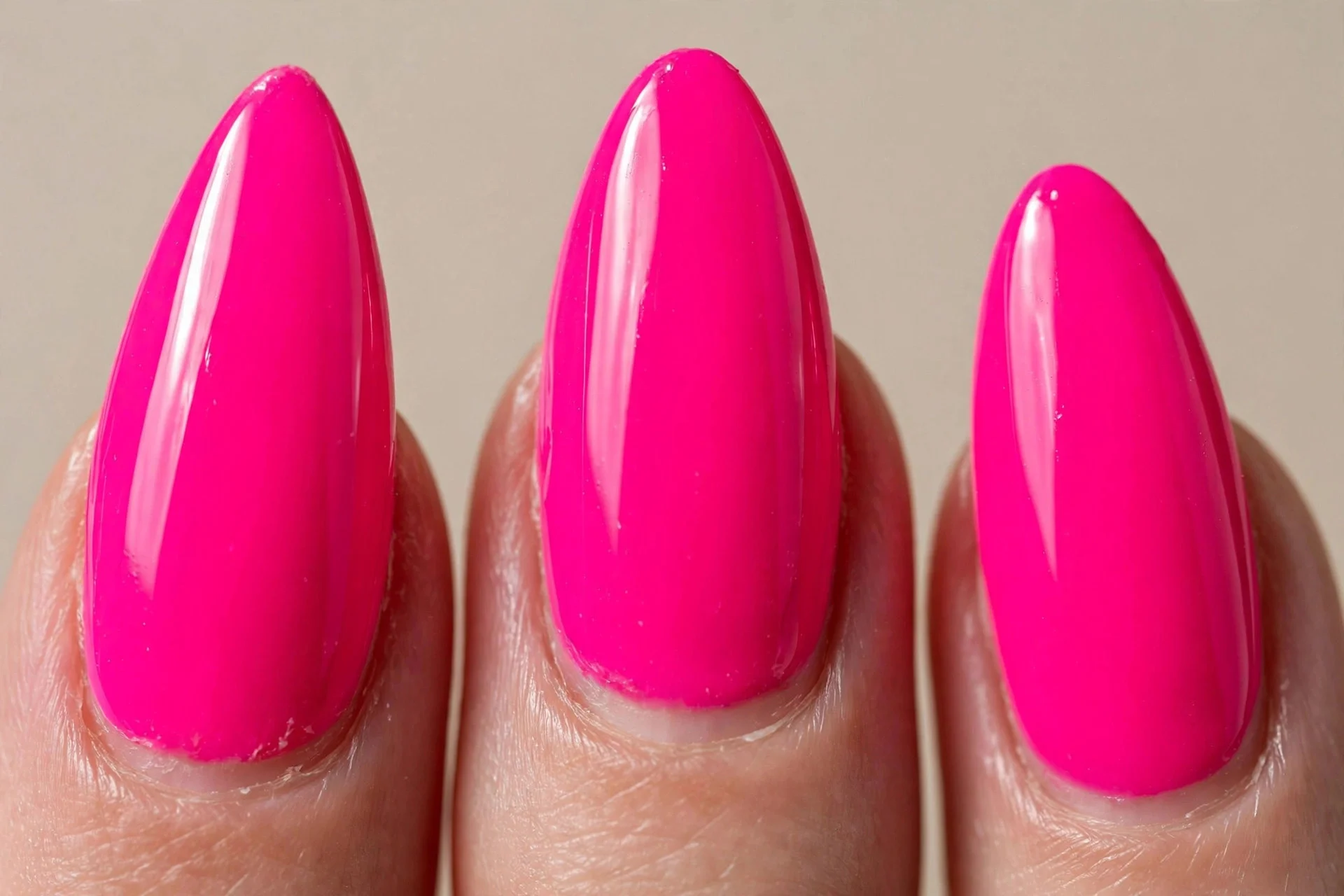 long almond nails, neon-fuchsia hot pink, glossy