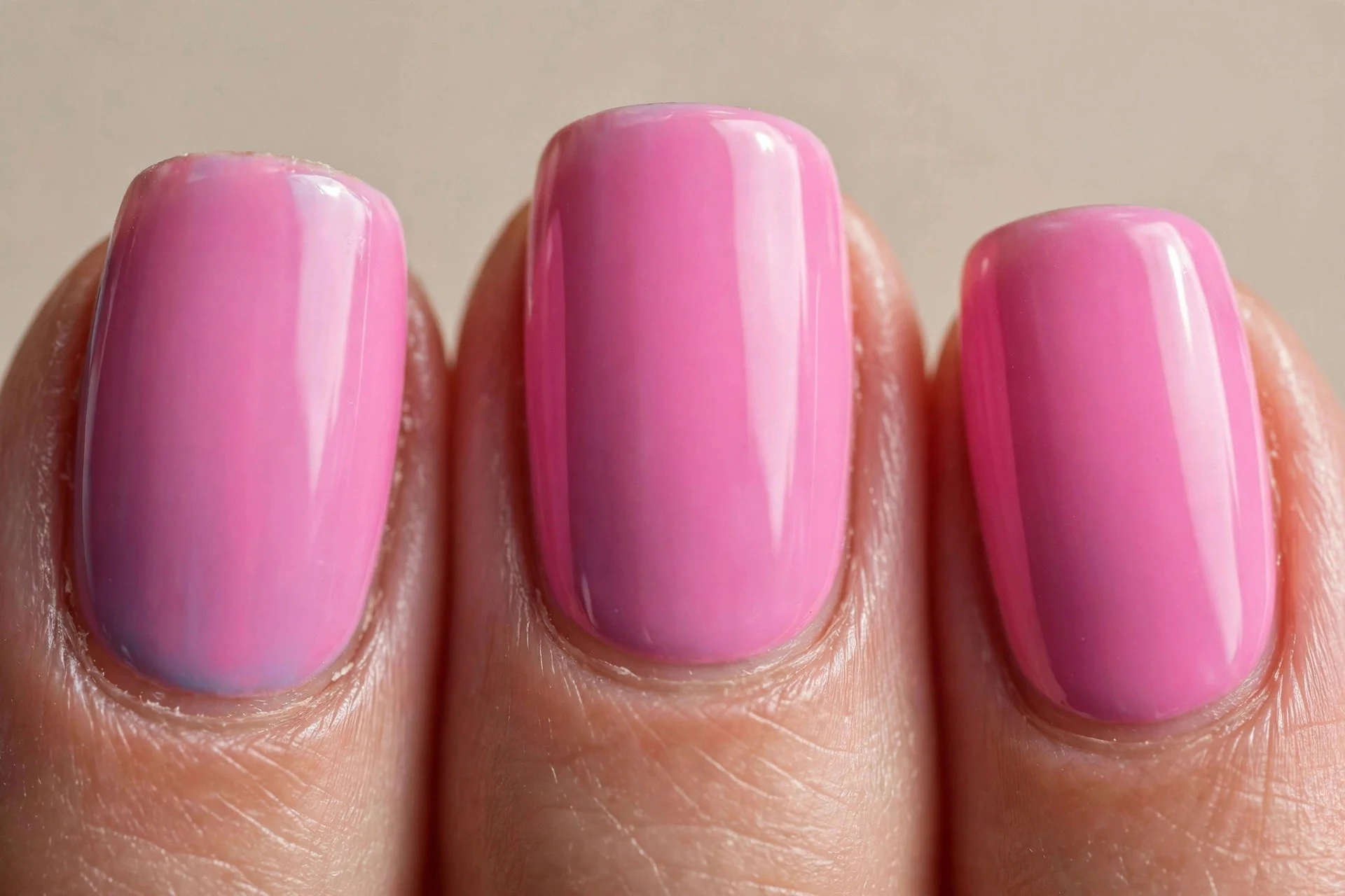 medium squoval nails, blue-pink hot pink creme, glossy
