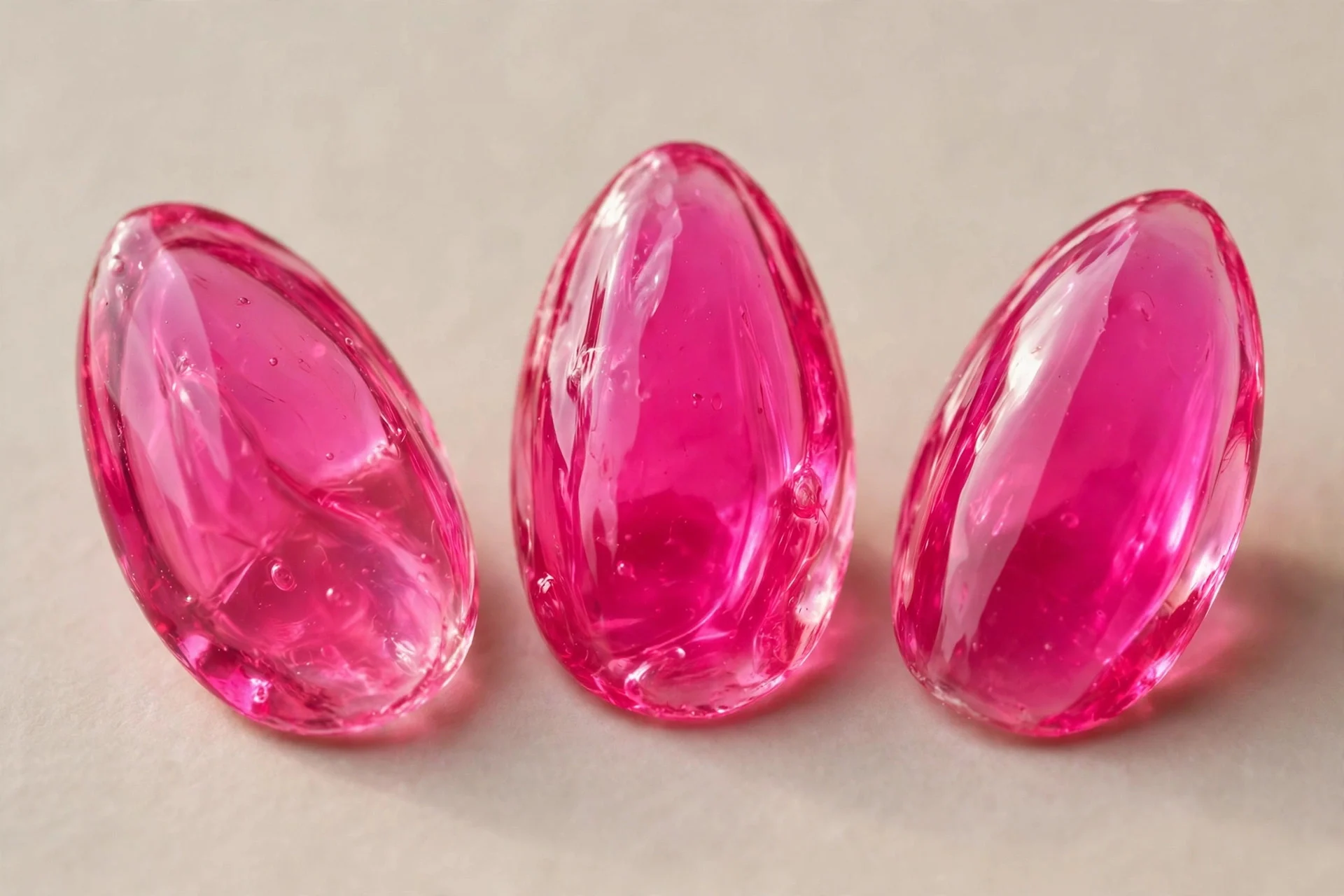 almond nails, translucent fuchsia jelly, glass-like
