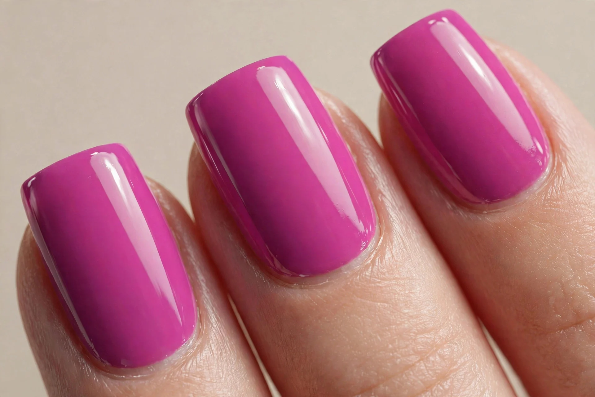 square nails, cool blue-magenta hot pink creme, glossy