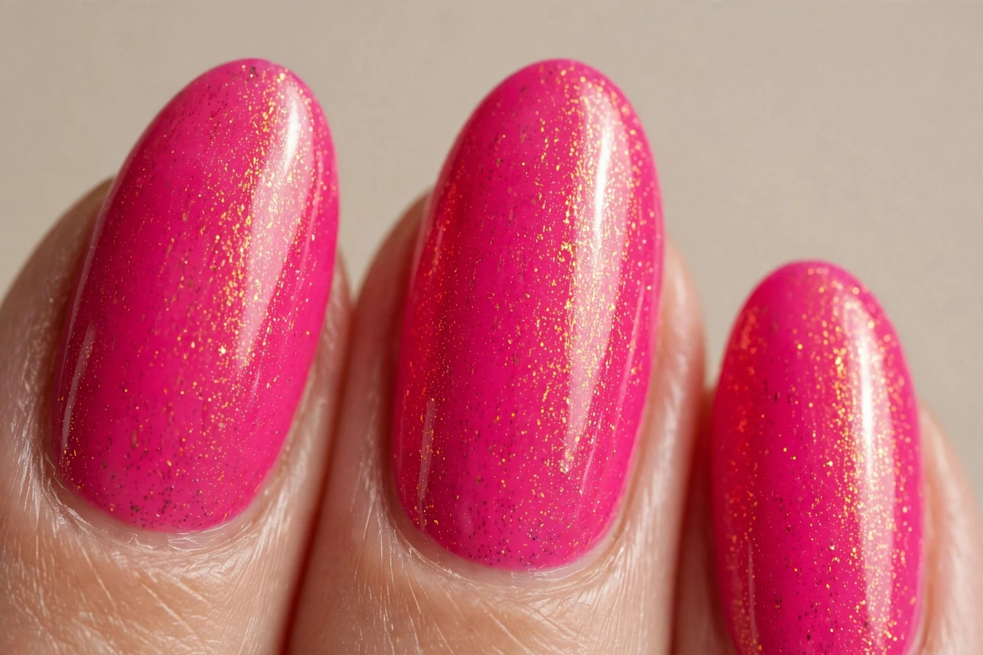 almond nails, hot pink with golden shimmer, glossy