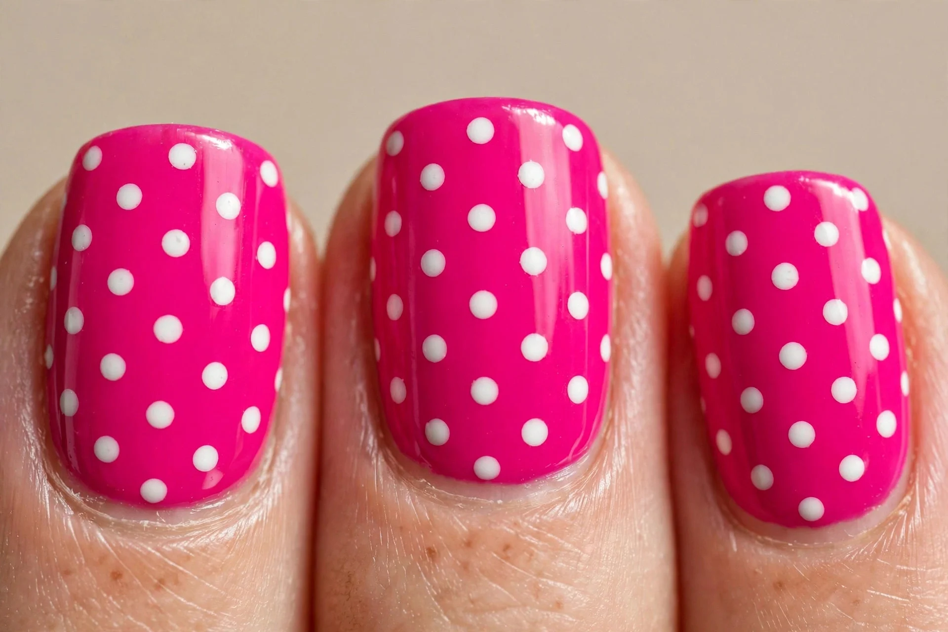 squoval nails, fuchsia pink with white polka dots, glossy