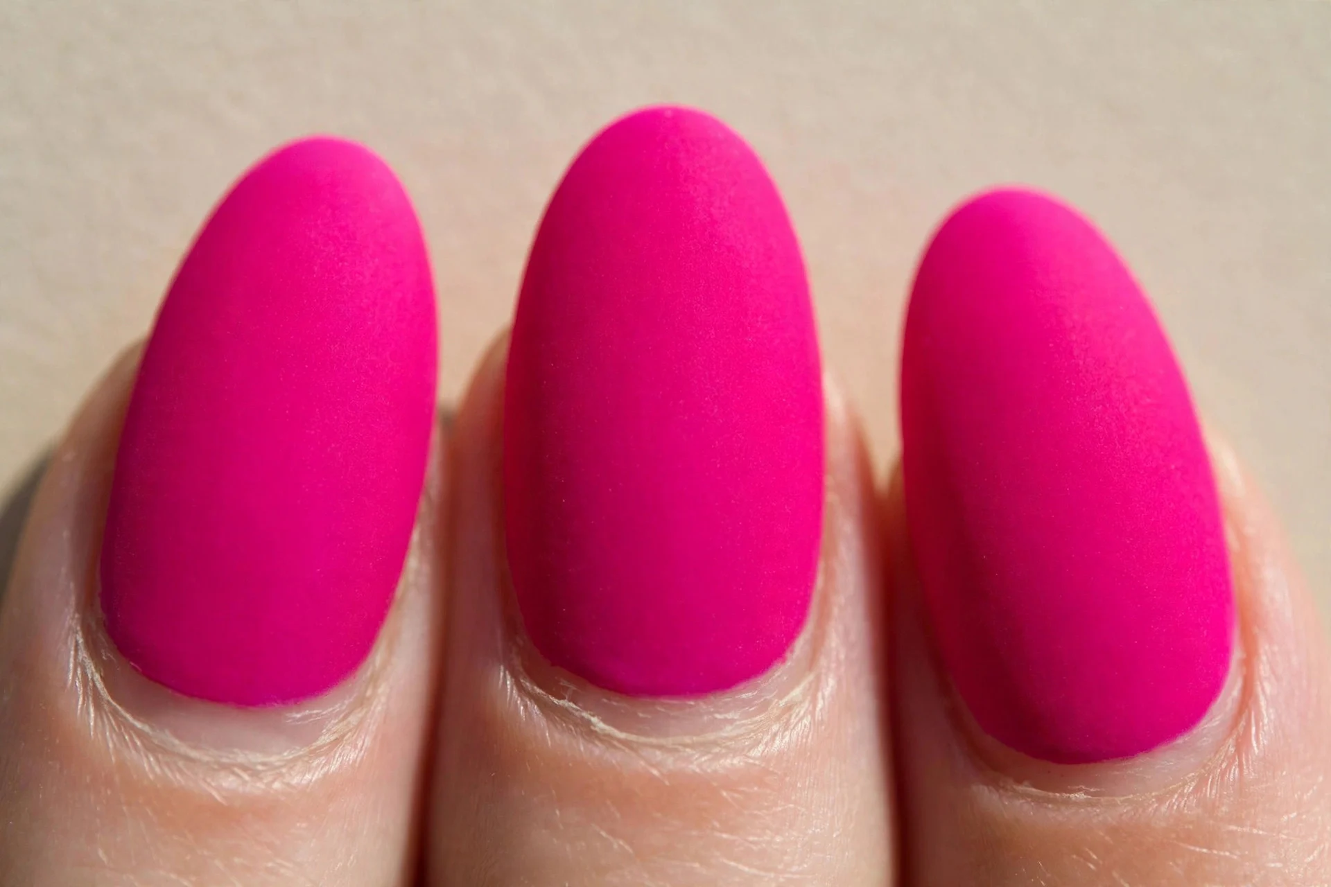 almond nails, fuchsia hot pink, velvety matte
