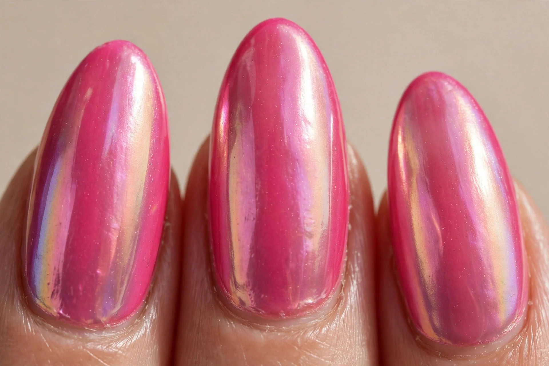 long almond nails, hot pink, pearlescent glazed chrome