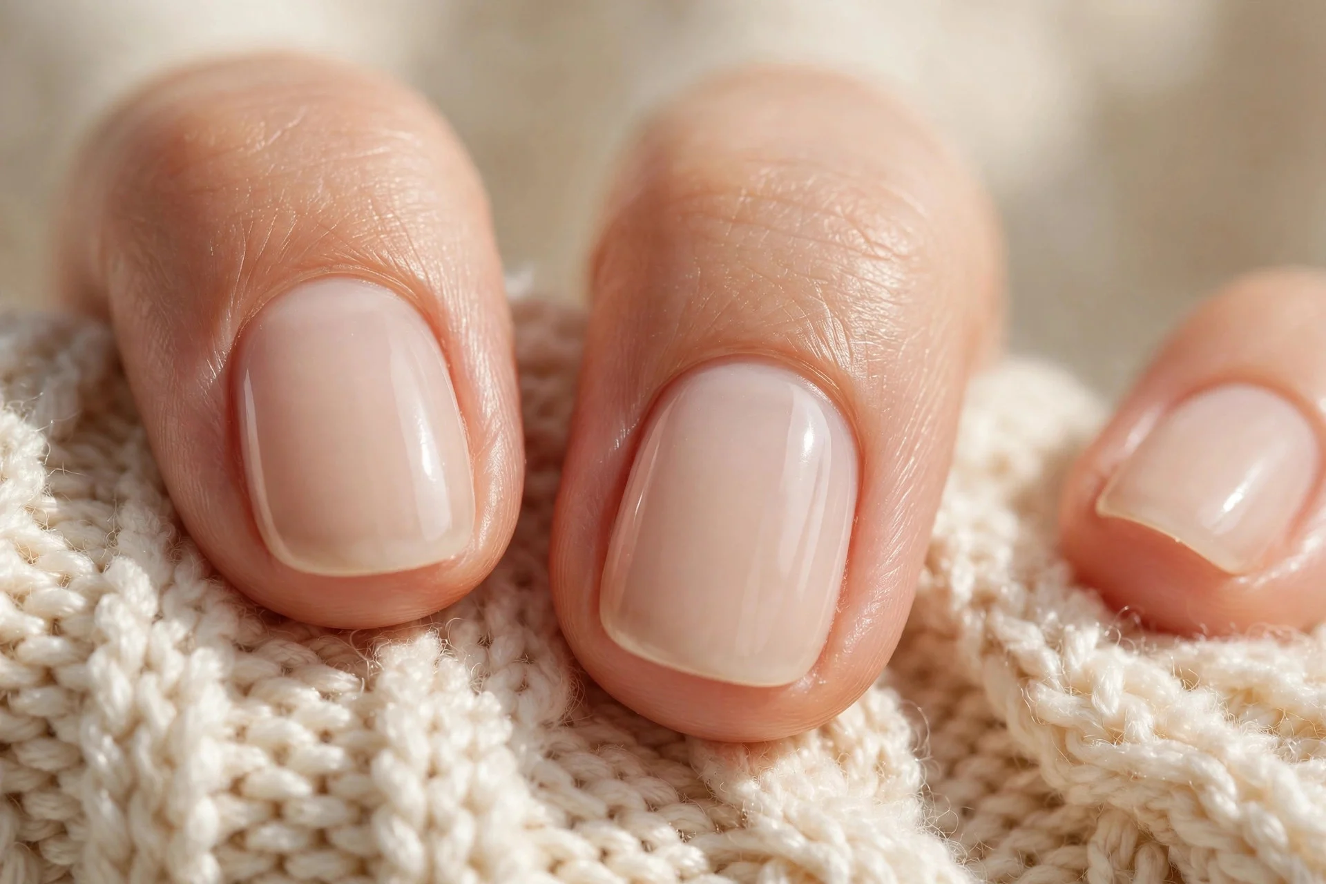 Close-up of short oval nails in sheer milky iced-latte beige polish, hand resting on a cream knit sweater.