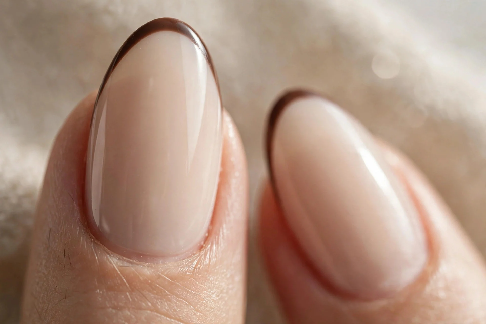 Almond-shaped nails with milky latte base and thin chocolate-brown French tips.