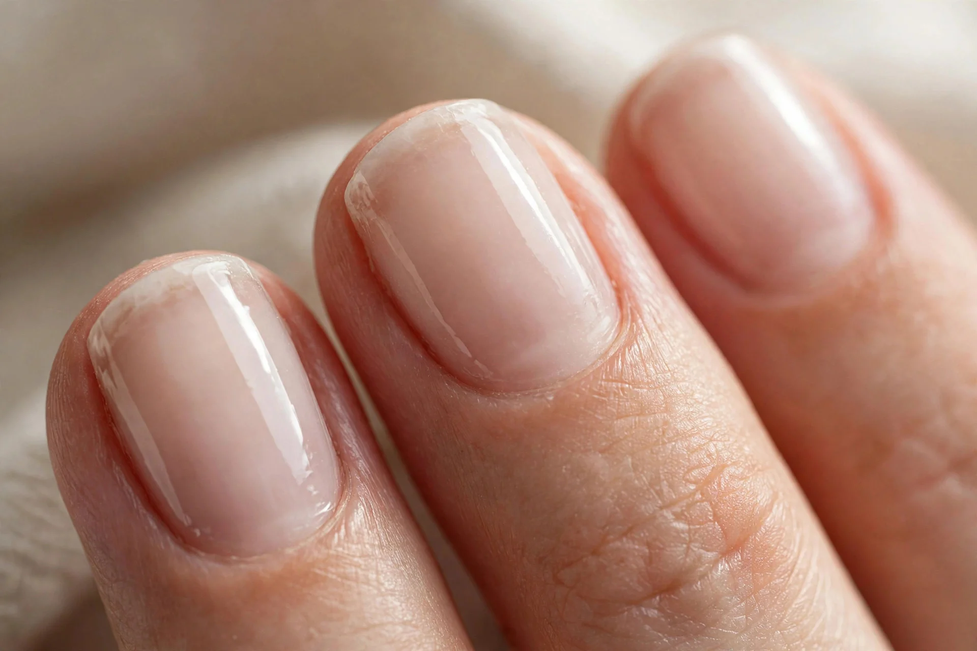 Barely-there sheer oat-milk polish on short natural nails with a glossy finish.