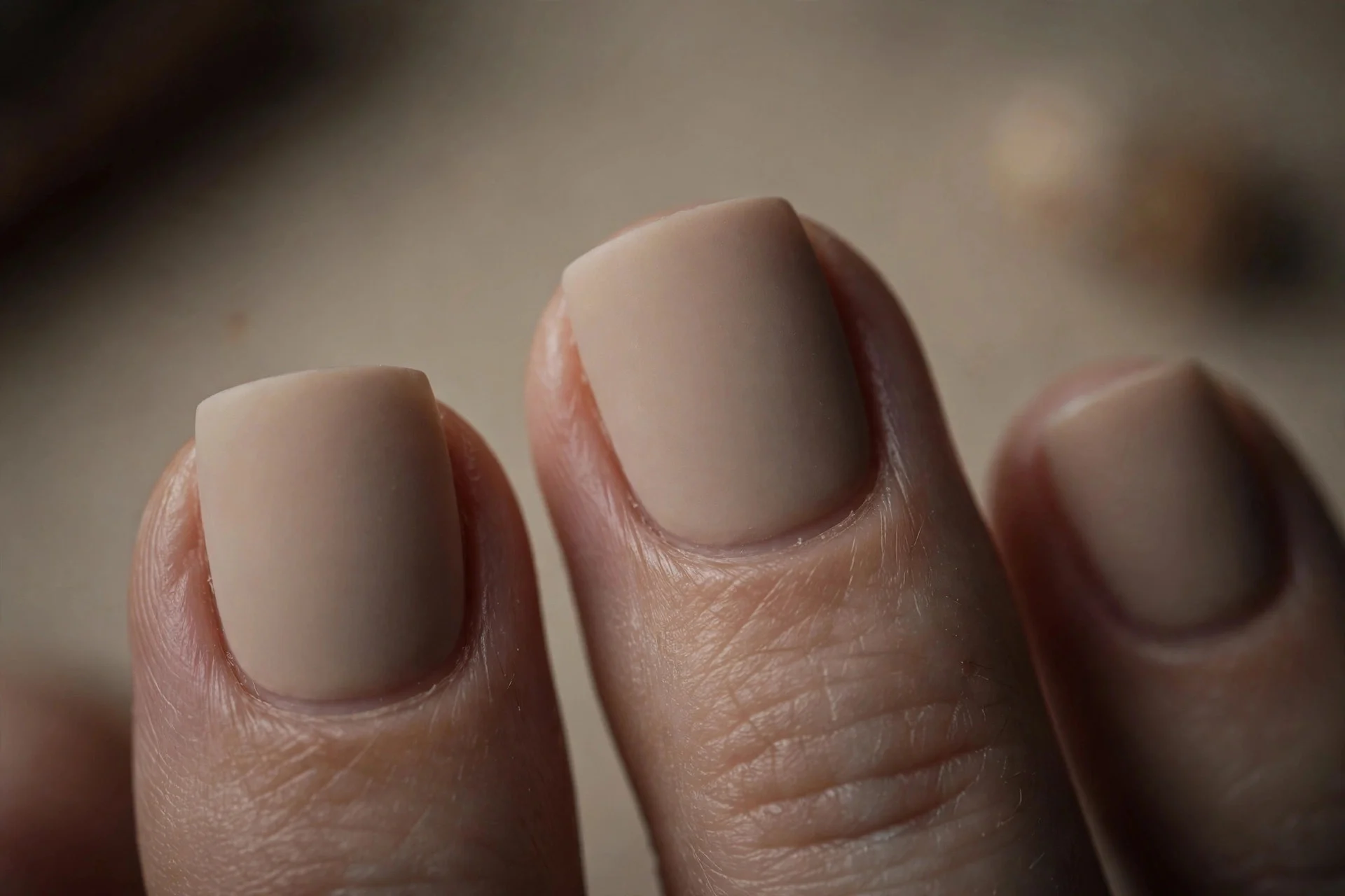 Short square nails in matte iced-latte beige photographed in soft moody lighting.