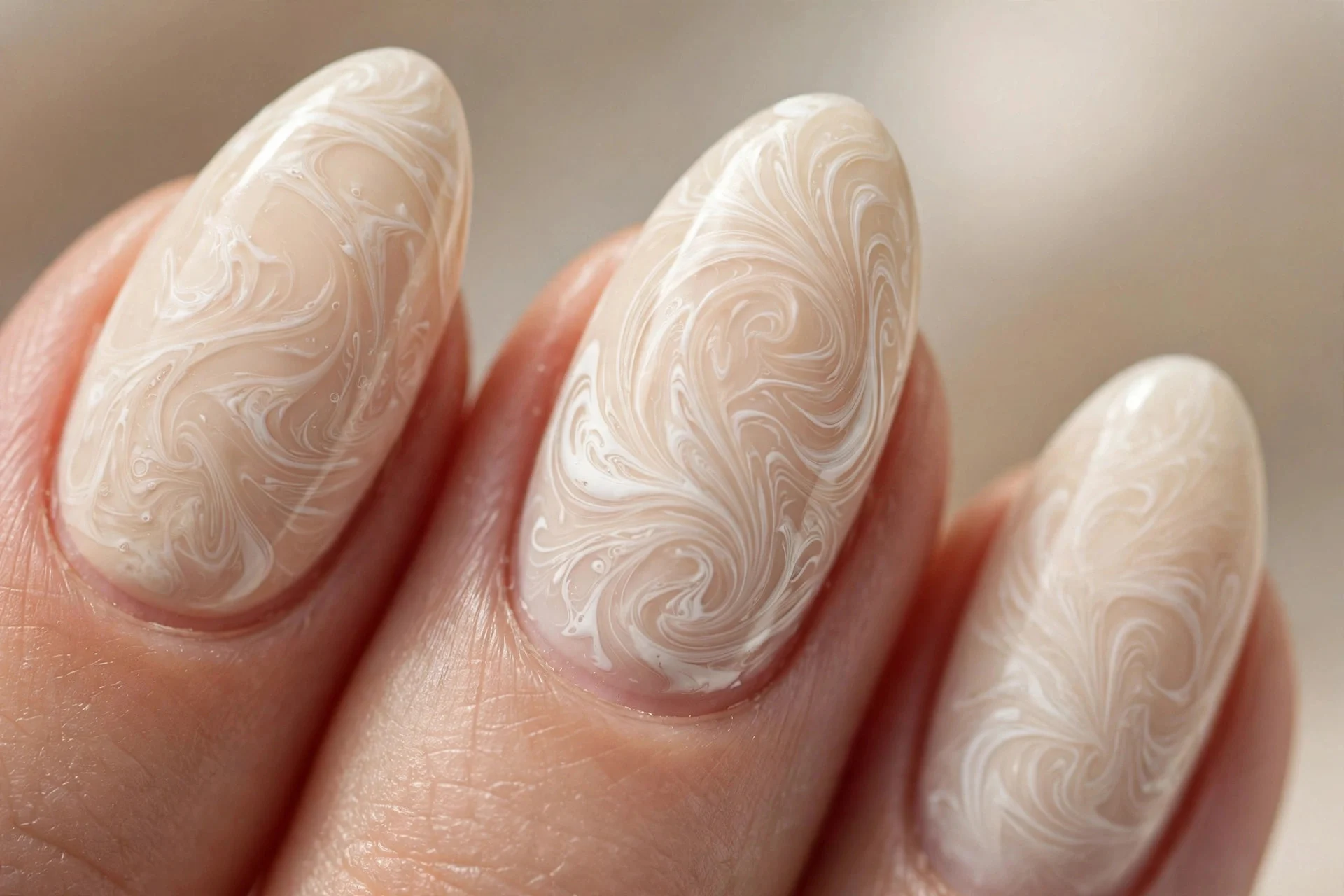 Almond nails with milky latte base and delicate white marbled swirls.