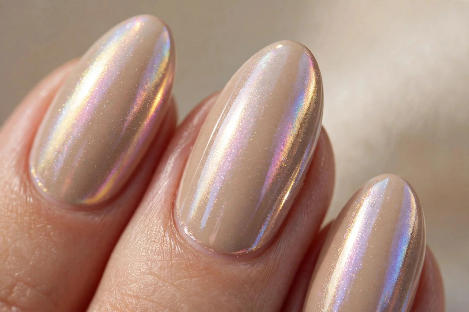 Almond nails in iced-latte beige with a pearly chrome finish catching the light.