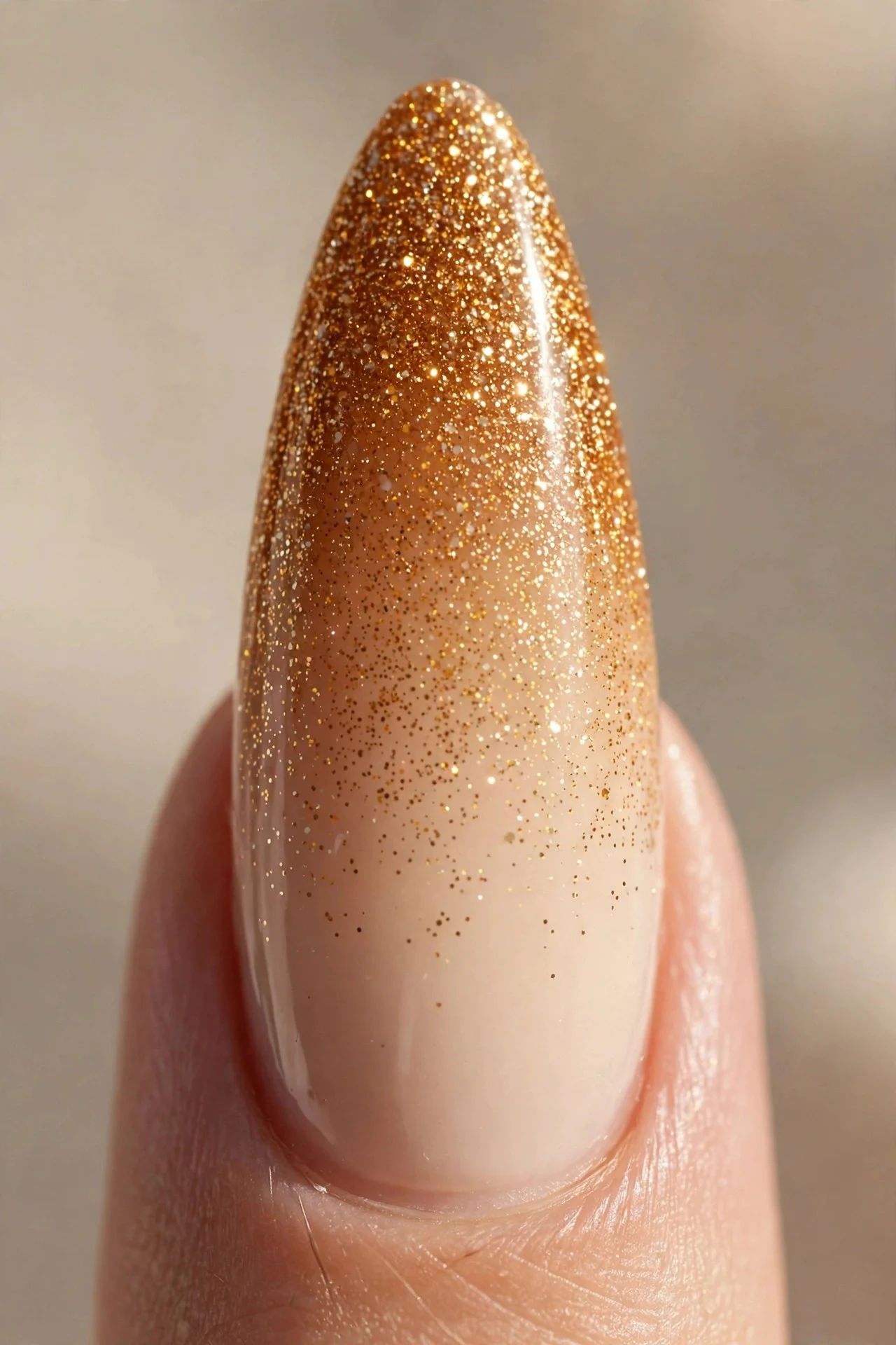 Long almond nails with caramel glitter fading from the tips into a milky latte base.