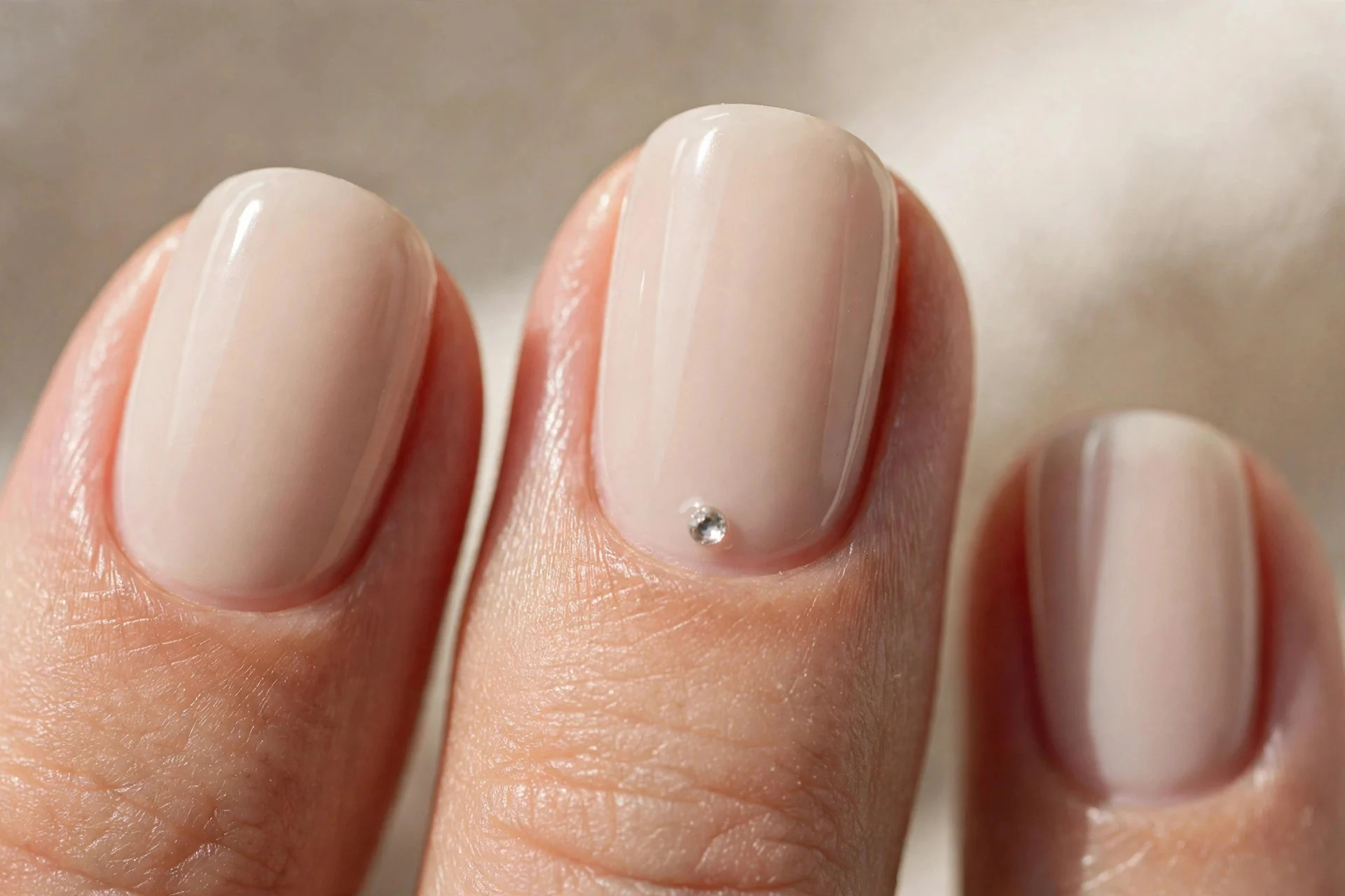 Milky iced-latte nails with a single small rhinestone at the base of each ring finger.