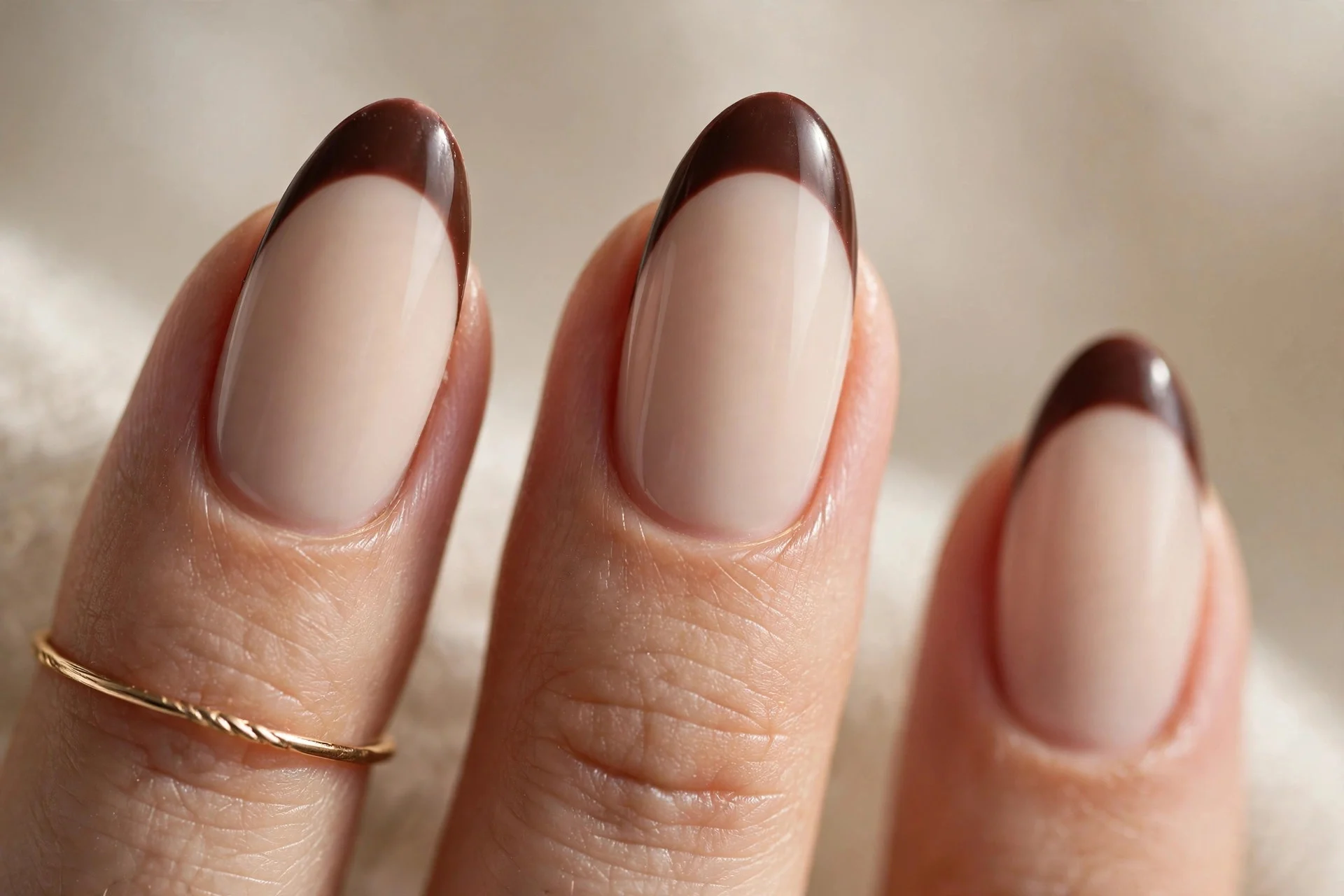 Almond nails with milky latte base and deep chocolate-brown French tips, a gold ring visible on one finger.