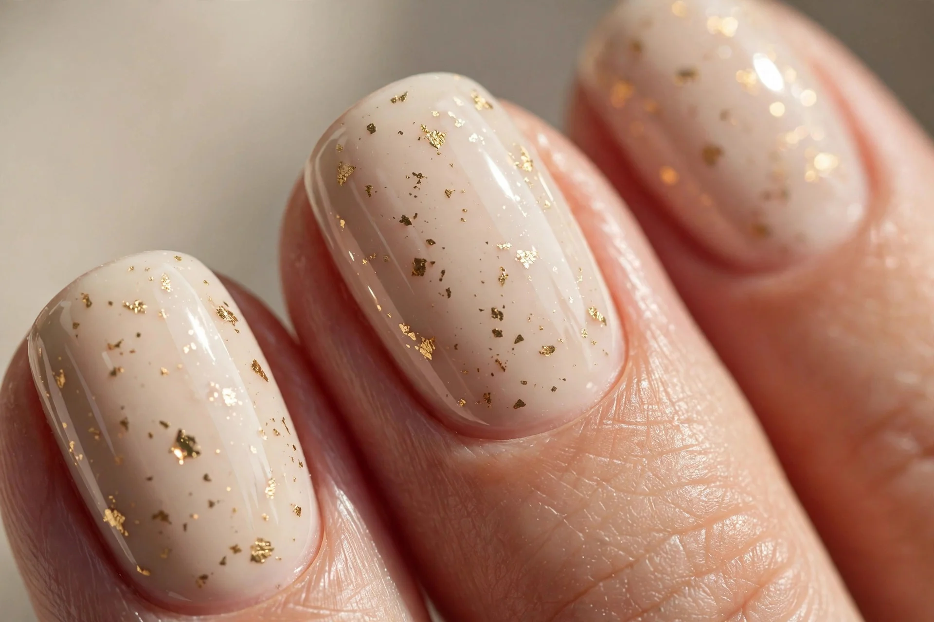 Milky latte nails with scattered gold foil flecks sealed under glossy top coat.