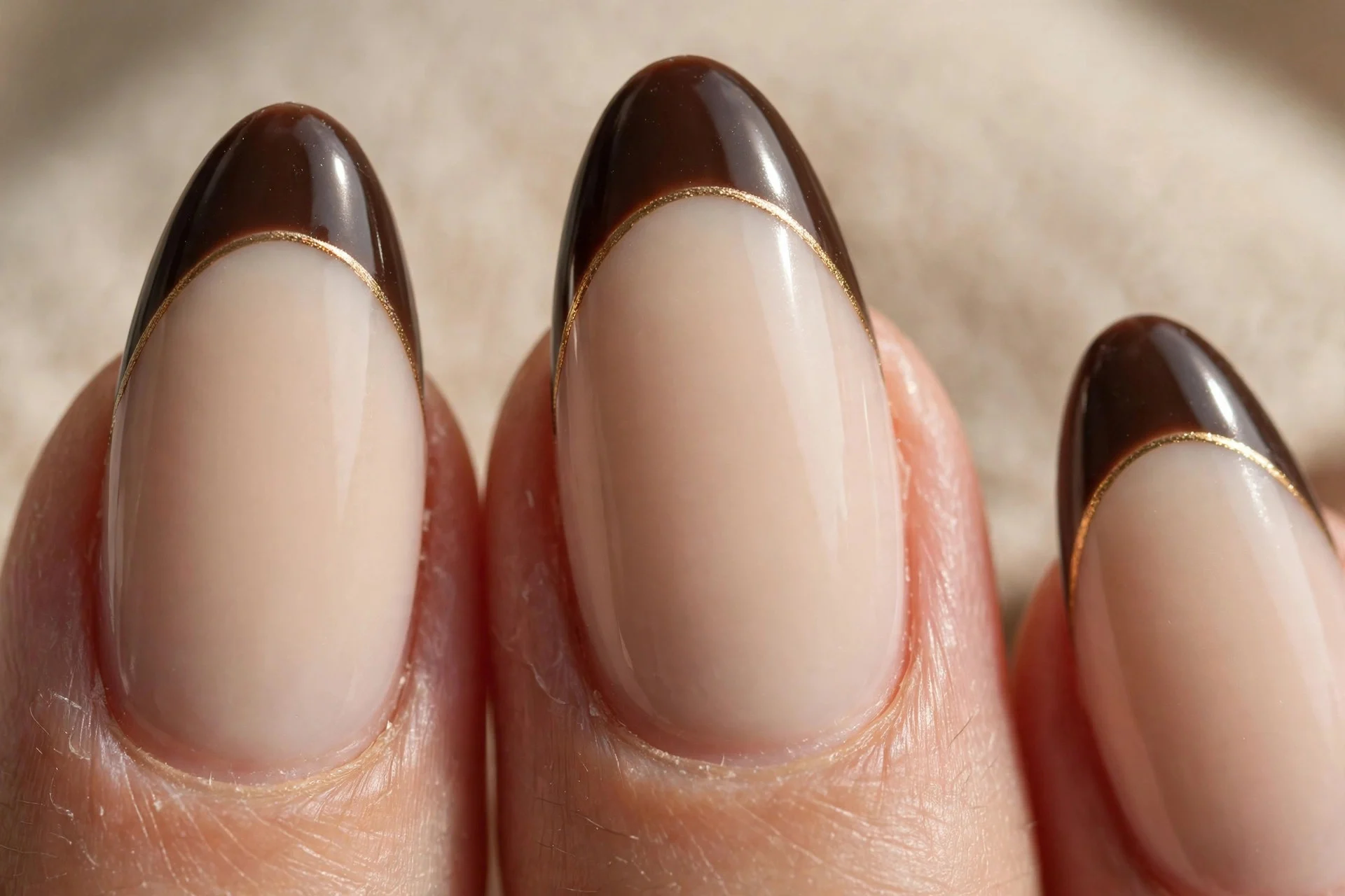 Almond nails with dark espresso tips and a thin gold dividing line over a milky latte base.
