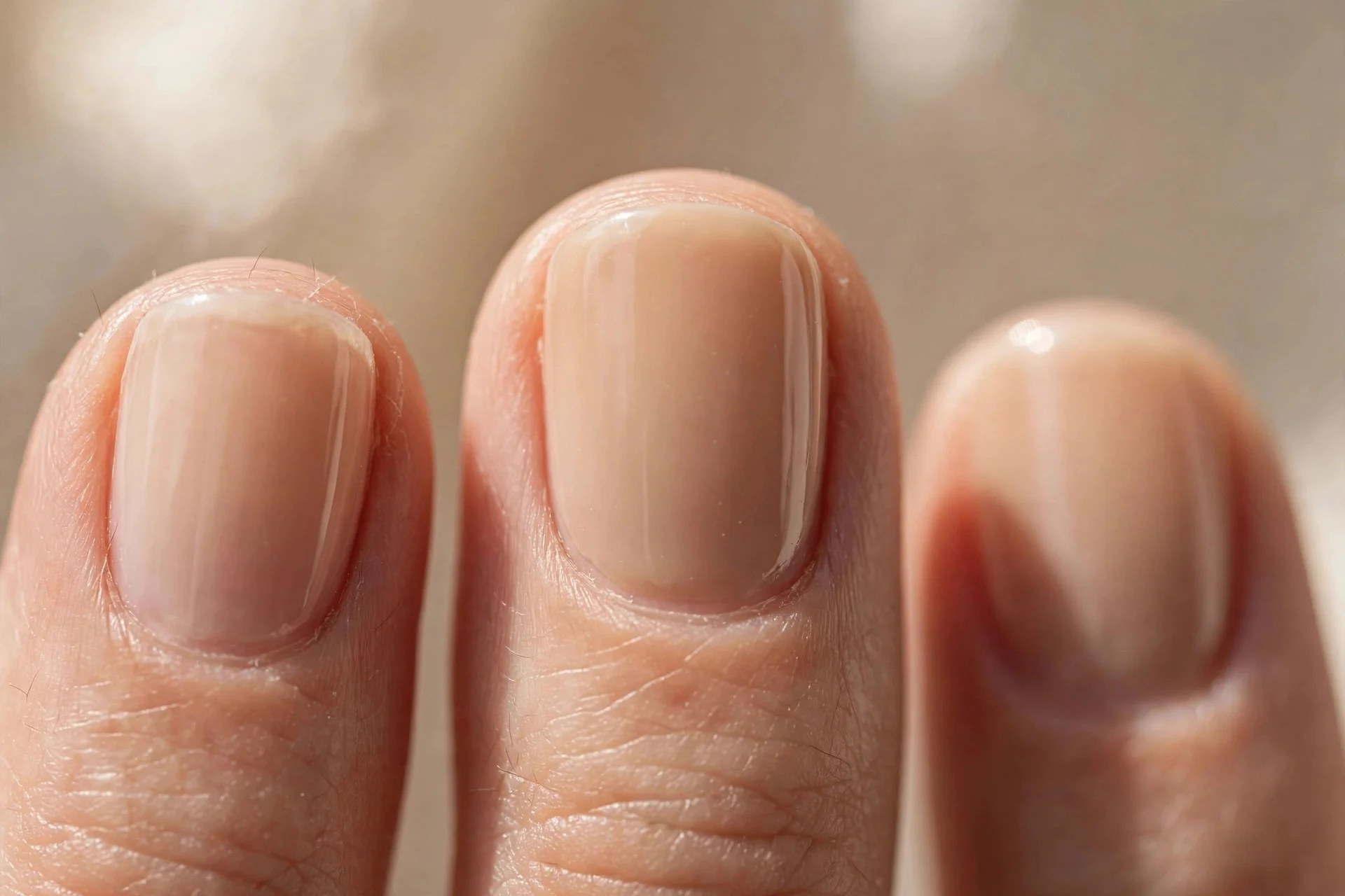 Short natural nails with a single sheer coat of latte-beige polish in minimal styling.