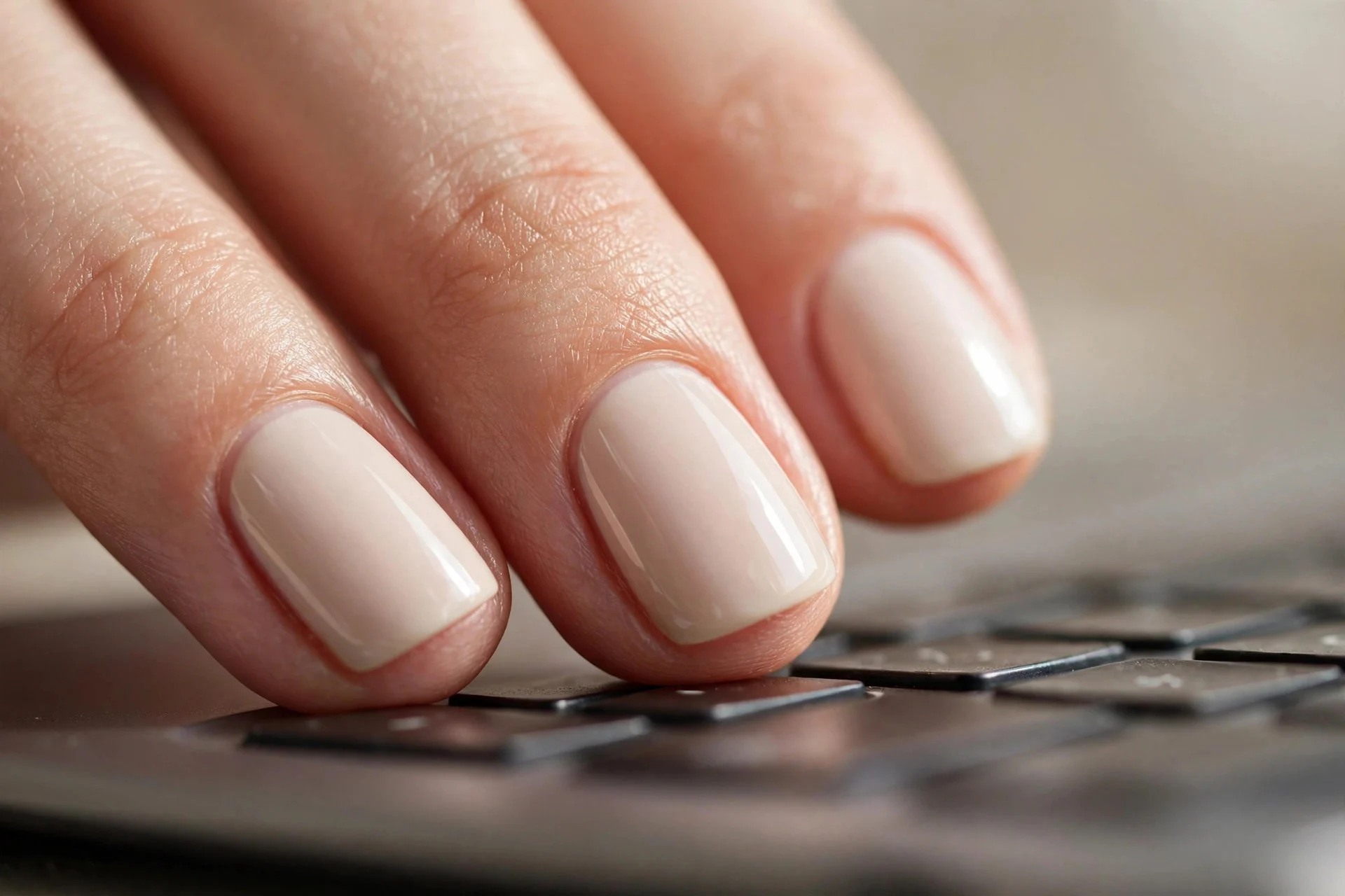 Short squoval nails in milky iced-latte polish, hands resting on a laptop keyboard.