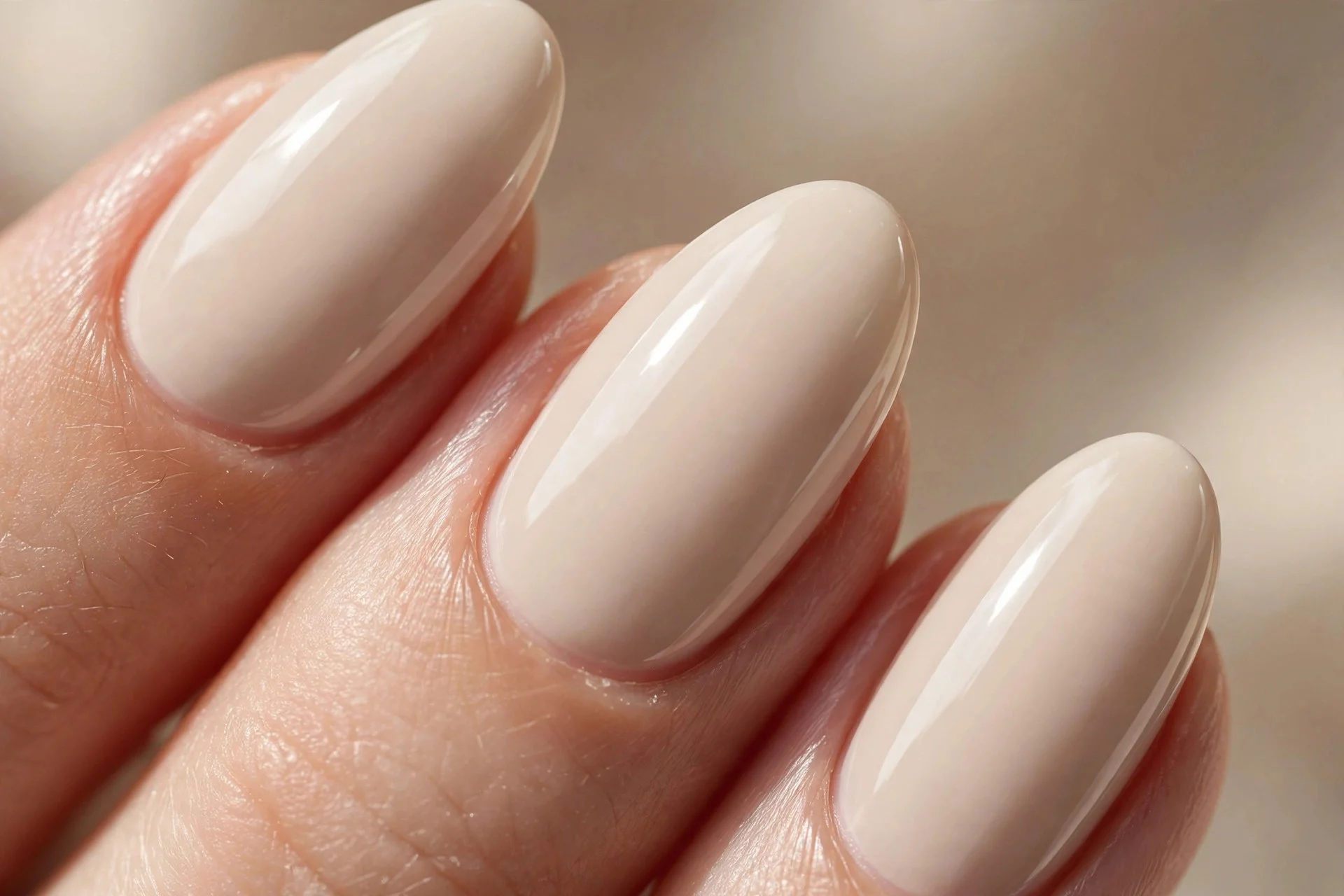 Medium-length almond nails in glossy milky latte beige with simple elegant styling.