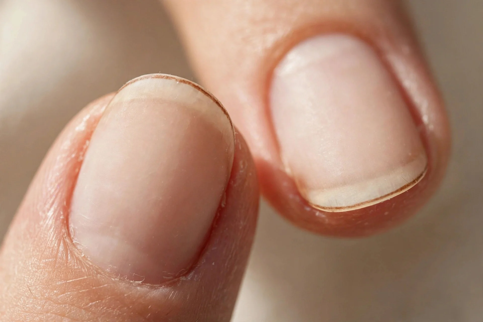 Close-up of natural nails with an ultra-thin brown micro-French line over a milky base.
