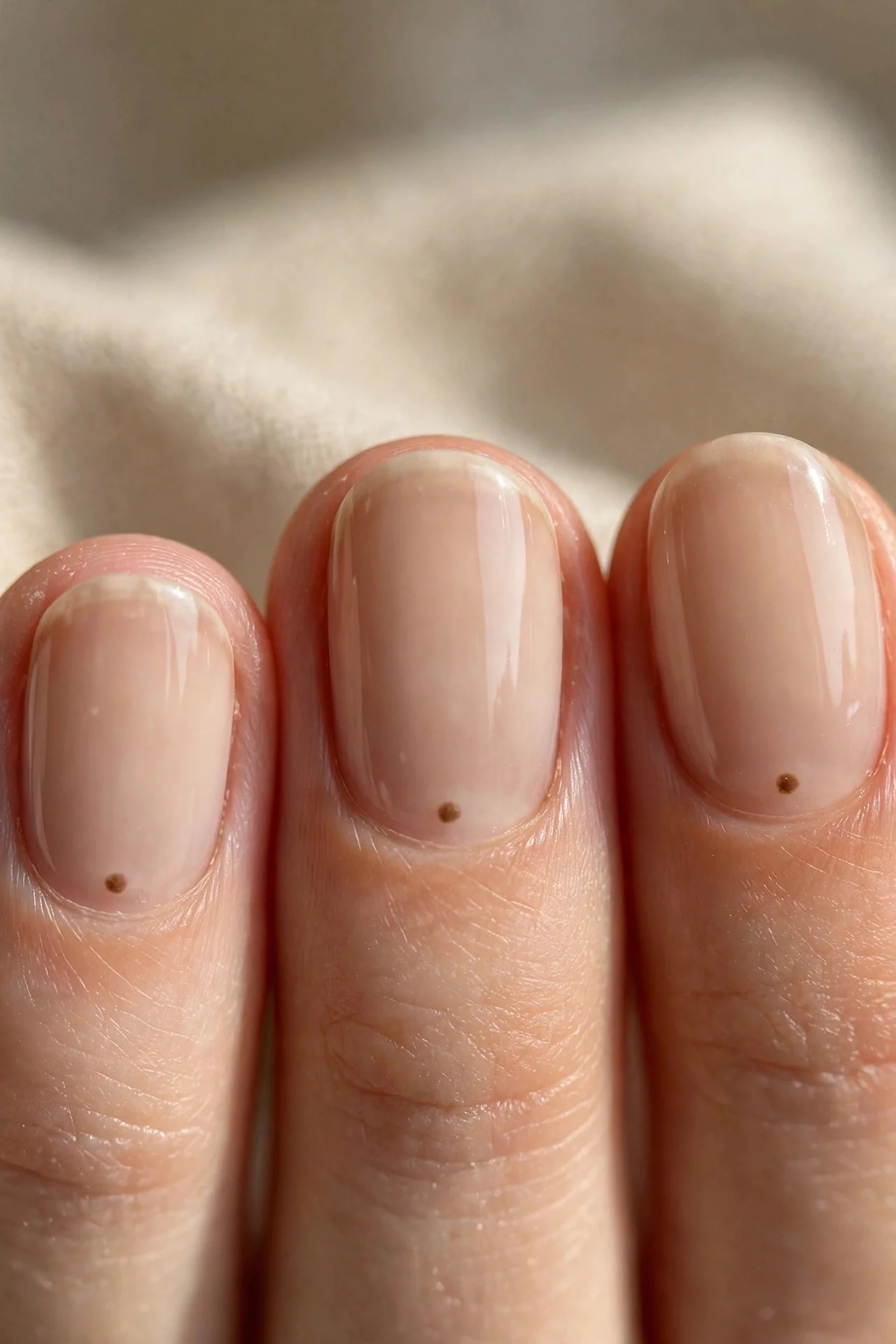 Short oval nails in sheer latte polish with a single tiny brown dot at each cuticle.