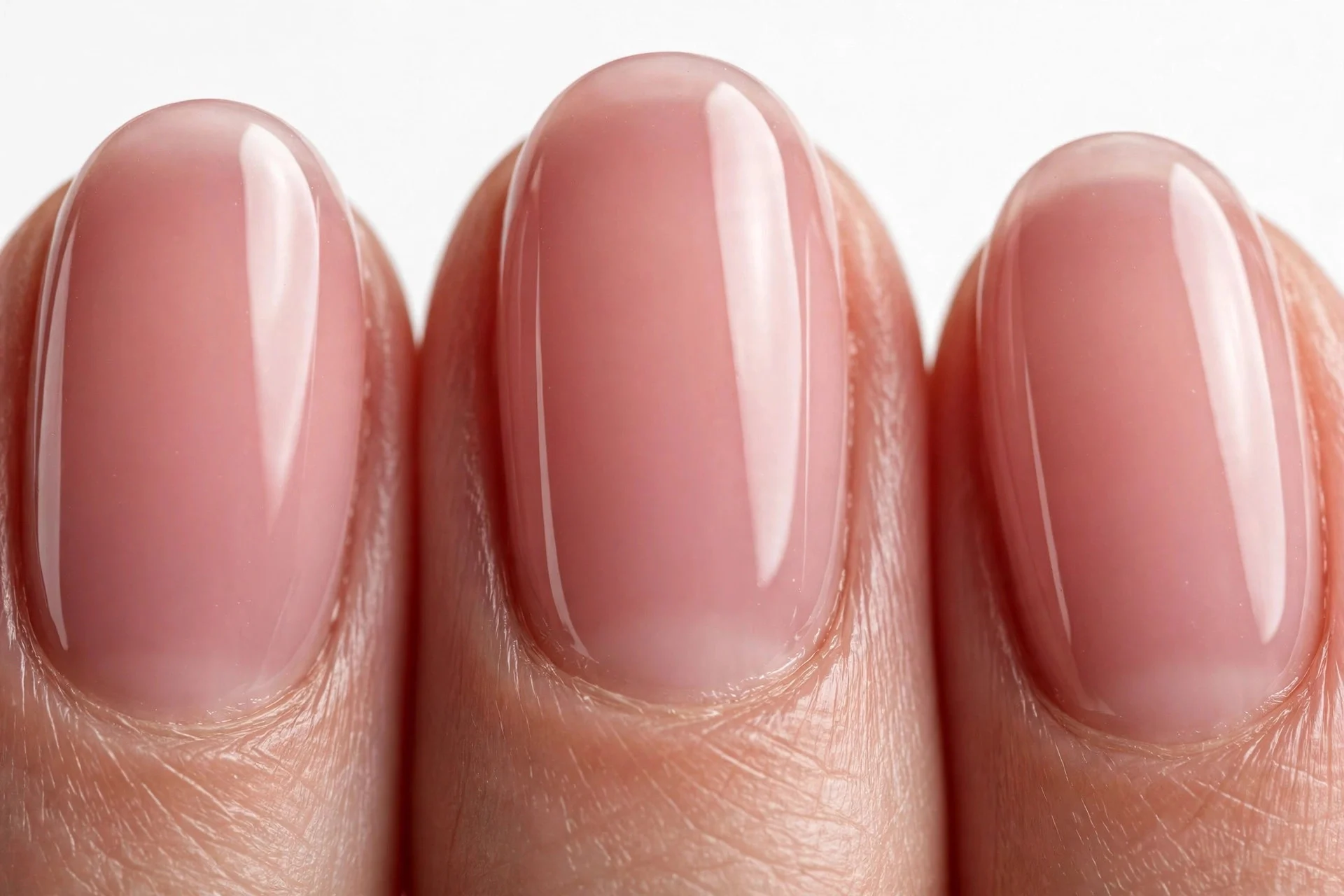 Oval nails with sheer pink-nude gel polish, white background
