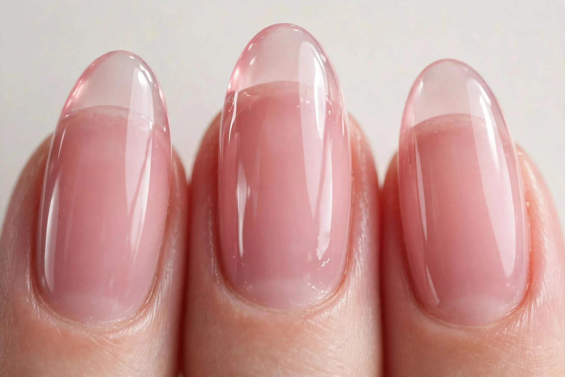 Almond nails with ultra-glossy sheer pink soap-nail finish, pale background